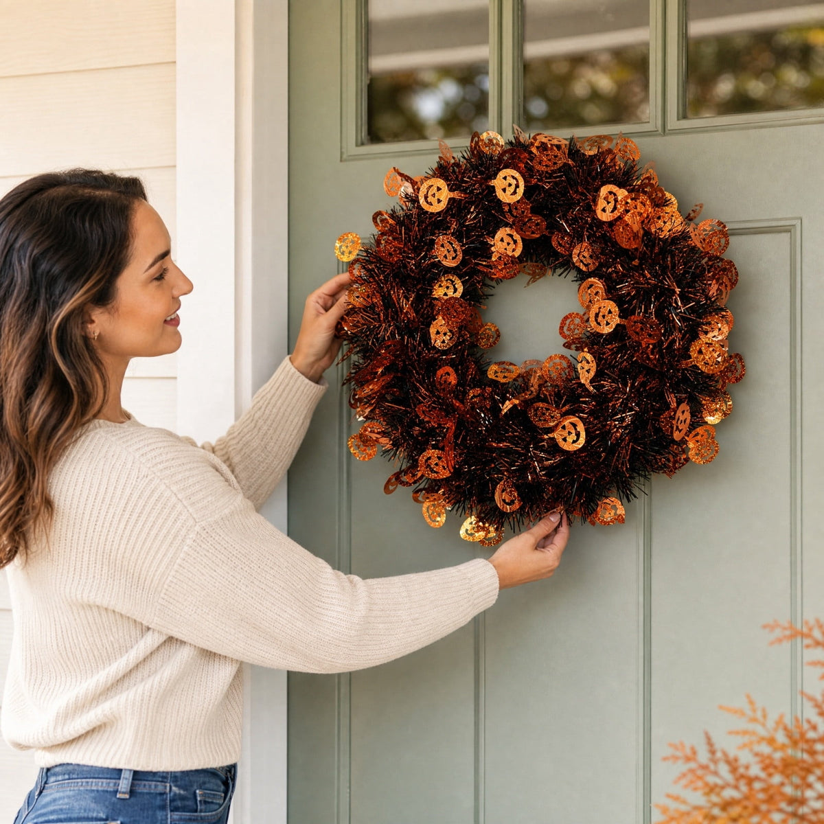 sruoe Halloween Glitter Foil Pumpkin Tinsel Wreath, Halloween Decorations Indoor, Sparkling Front Door Decor for Porch, Party Background, Wall Arrangement