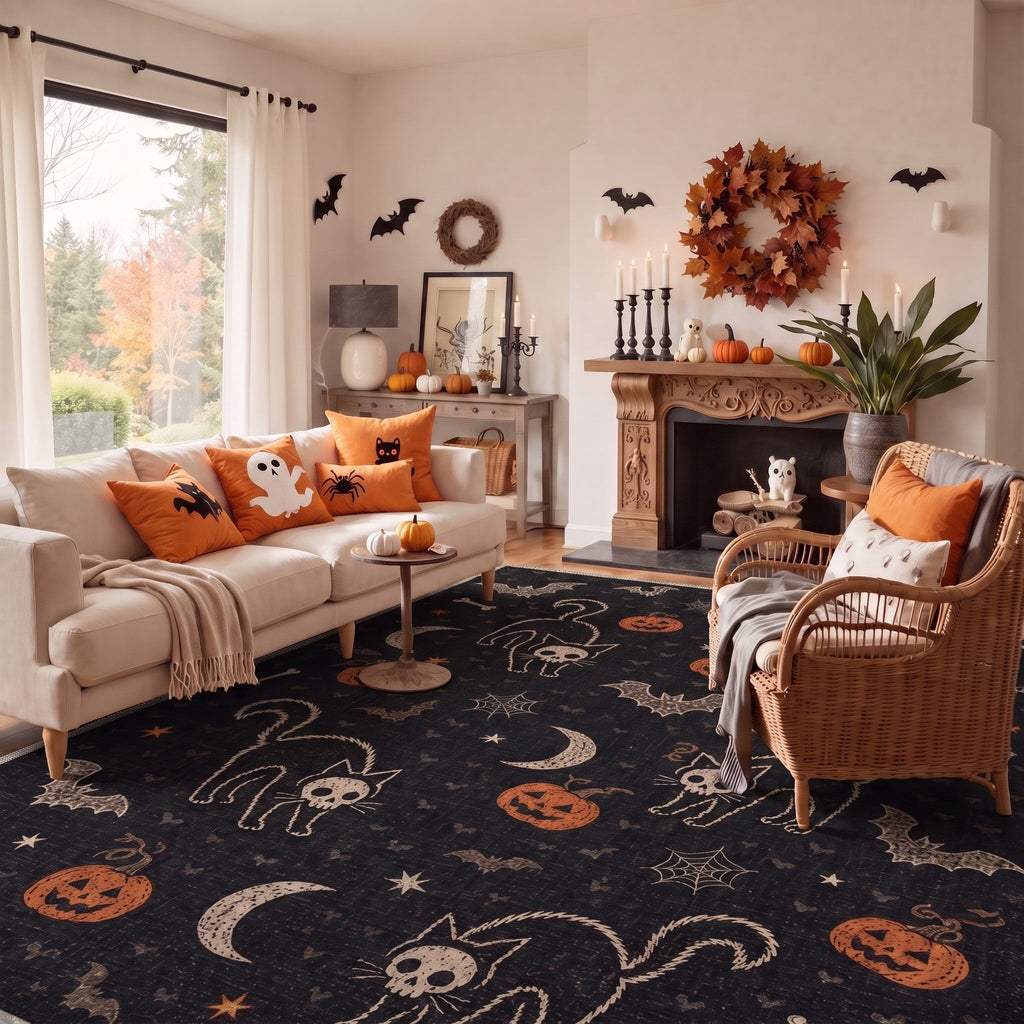 GENIMO 2'x3' Halloween Doormat, Washable Non Slip Soft Whimsical Cat Outdoor Door Mat for Front Door Covered Porch Patio Entryway, Rustic Black