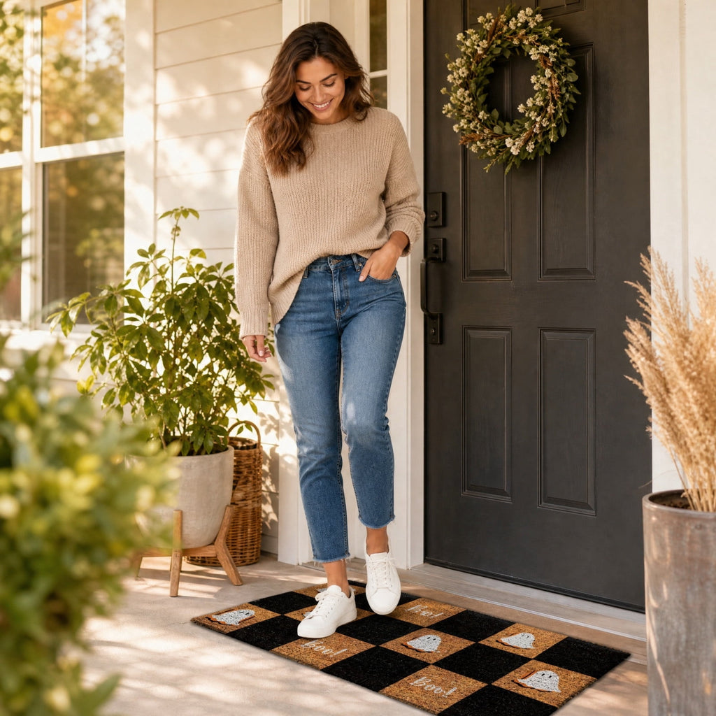 Fllostpr Halloween Pumpkin & Crow Welcome Doormat for Front Door, Non-Slip Vintage Brown Coir Floor Mat for Outdoor Porch Entryway Decor,16x24 Inch