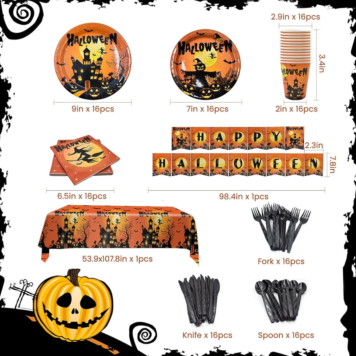 Halloween Party Supplies Decoration Tableware Set,114 Pcs Includes Plates, Napkin,Cup,Straw, Banners, Tablecloth.Halloween Disposable Dinnerware for Halloween Party Decorations,Serve 16