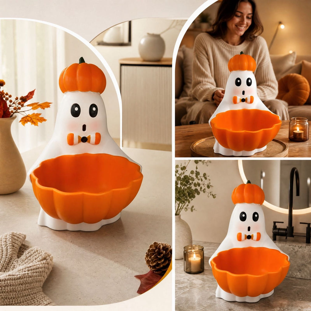 Diceymbol Halloween Pumpkin Snack Bowl Stand Collapsible Broomstick Candy Tray for Cupcakes & Desserts, Resin Serving Platter with Ceramic Pumpkin Bowls