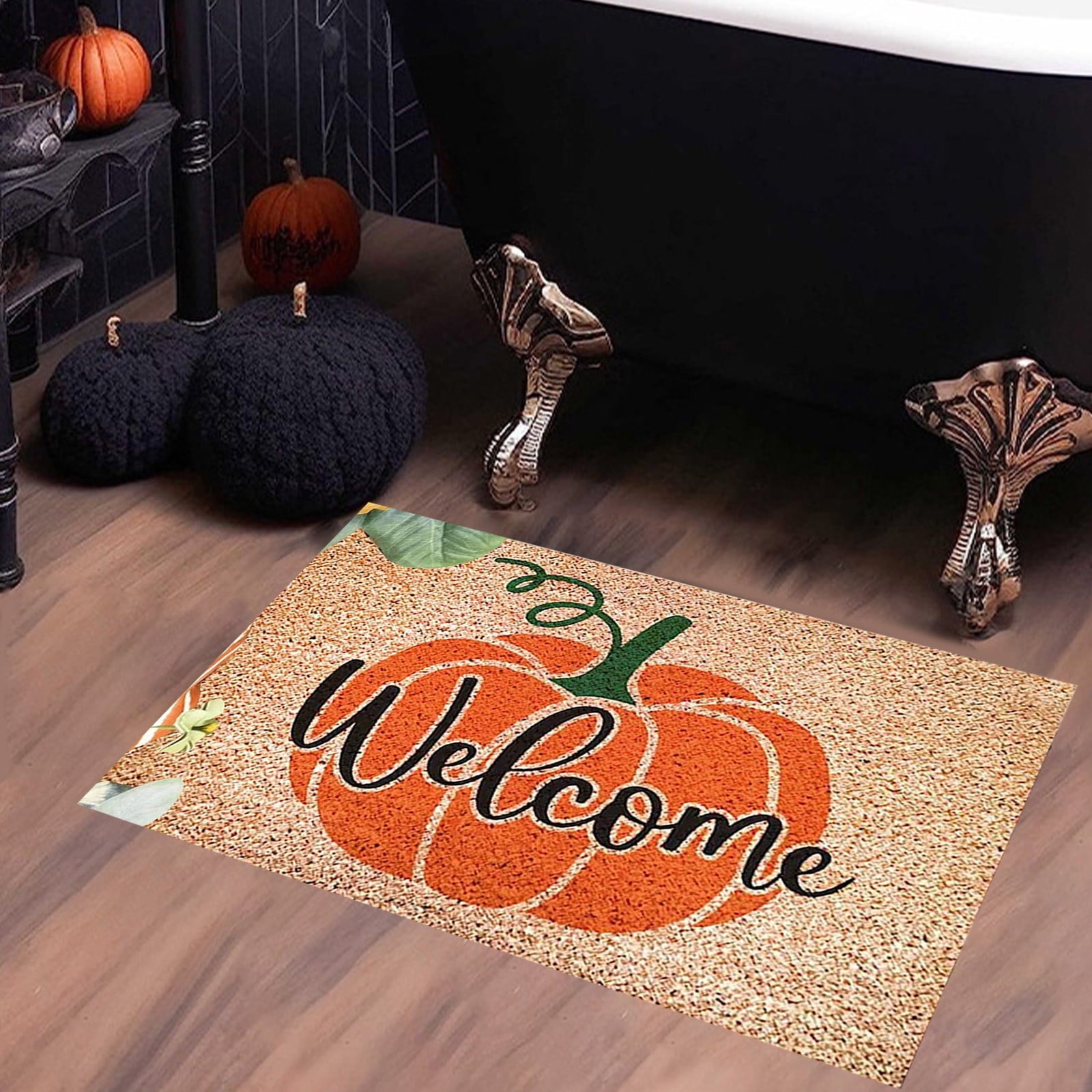 Zhourta Halloween Fall Plaid Outdoor Rug Orange Plaid Outdoor Rug Cotton Hand Woven Check Rug Layered Doormats for Front Door Front Porch Farmhouses Entryway Patio 15.7x23.6 Inch