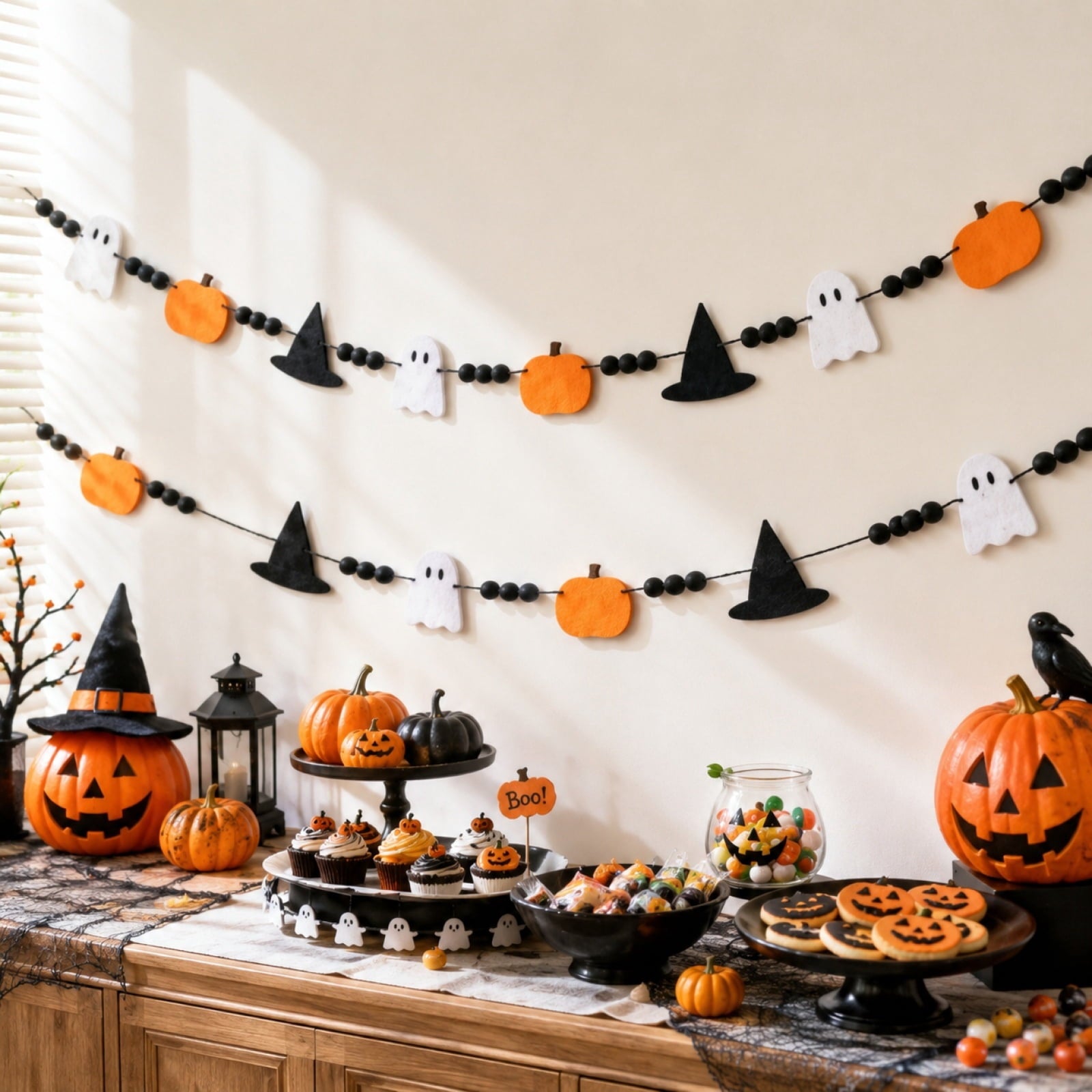 Halloween Decorations Cute Spooky Felt Garland, Black Bead Chain Pumpkin Witch Hat Ghost Banner for Home Indoor Holiday Decor