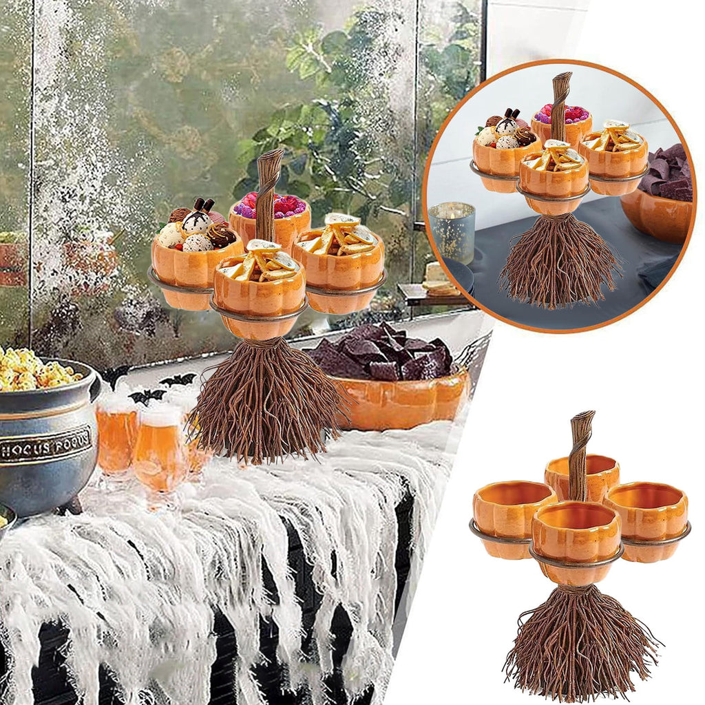 Diceymbol Halloween Pumpkin Snack Bowl Stand Collapsible Broomstick Candy Tray for Cupcakes & Desserts, Resin Serving Platter with Ceramic Pumpkin Bowls