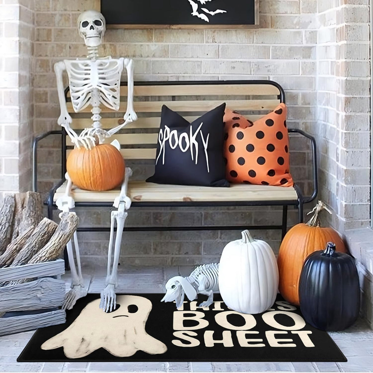 Halloween Door Mat,Goth Occult Spooky Creepy Witch Skull Bats Outdoor Mats for Front Door,Halloween Indoor Entrance Non-Slip Doormat Entryway Welcome Rubber Mats for Porch Decor 30" x 17"