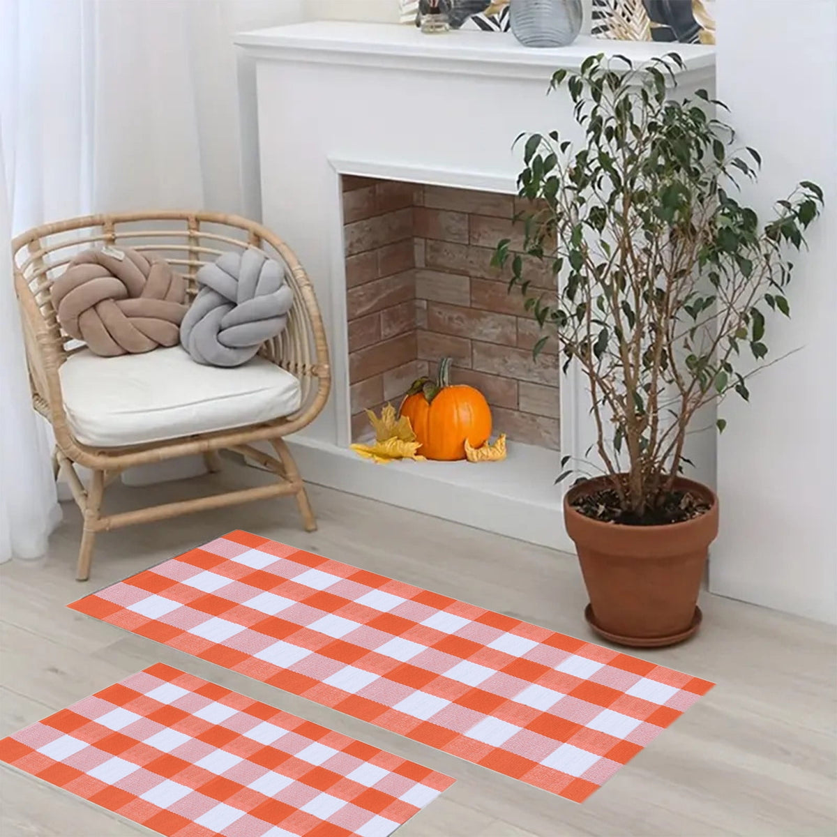 Guozer Fall Outdoor Rug Orange Plaid Outdoor Rug Cotton Hand-Woven Check Rug Layered Doormats For Front Door/Front Porch/Farmhouses/Entryway/Patio 23.6''x 35.4''