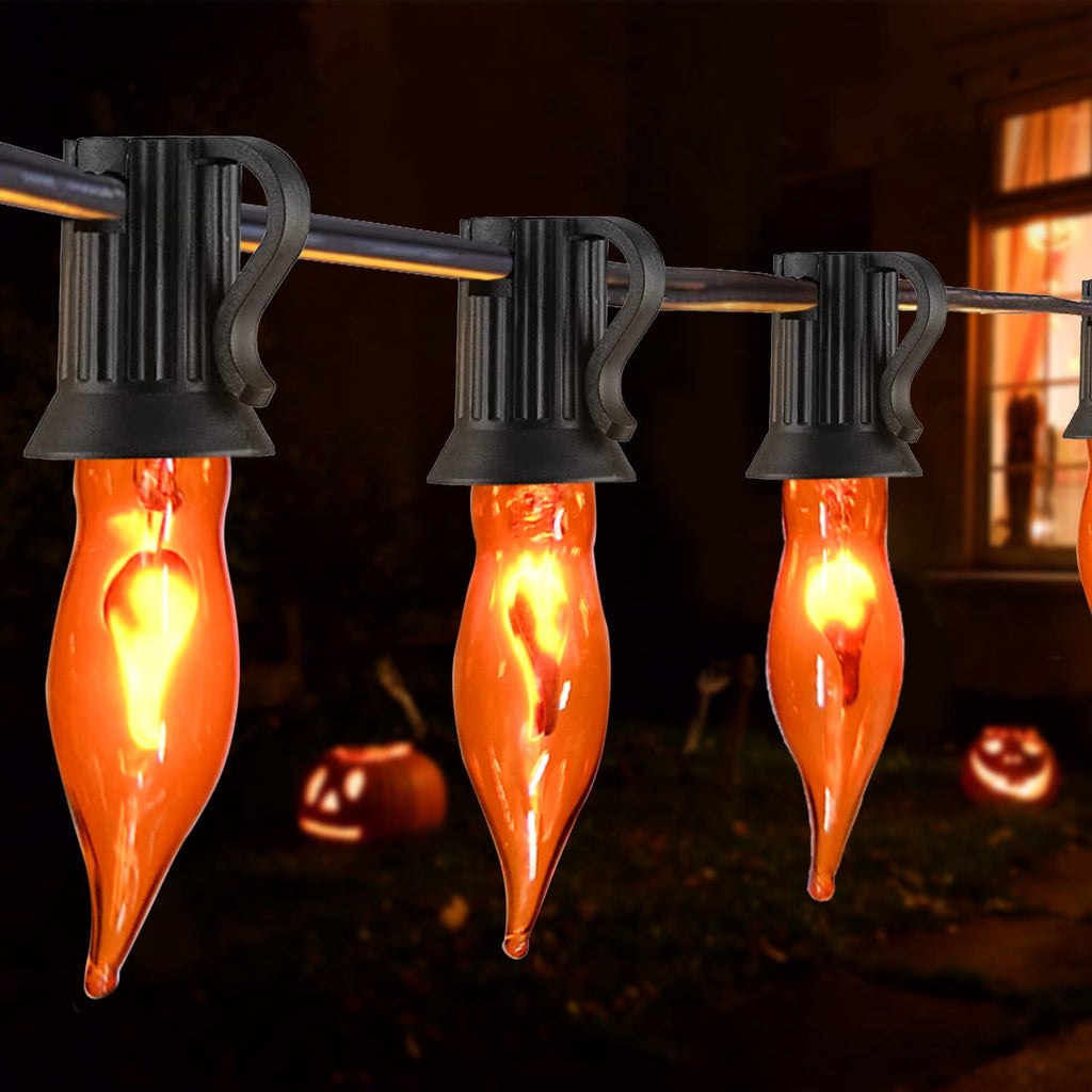 Halloween Lights Flickering Flame String Lights with 12 Pack C7 Orange Flame Light Bulbs (2 Spare), 12.8Ft Orange Flame String Lights for Indoor Outdoor Home Party Yard Halloween Decorations