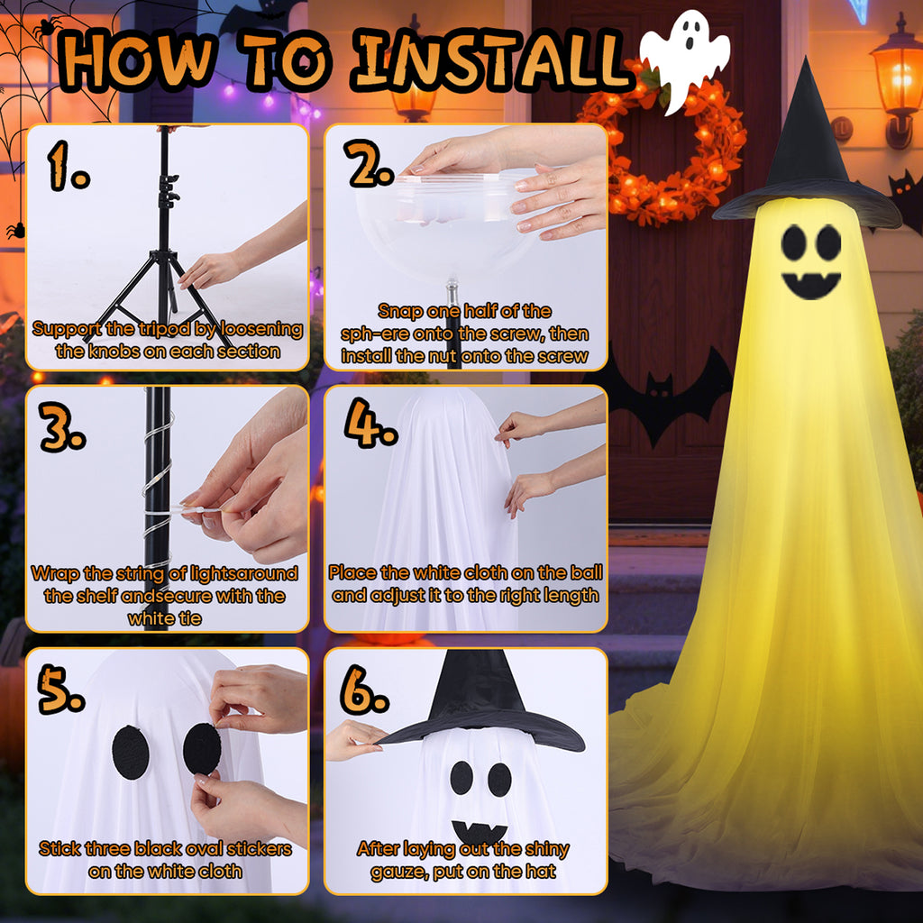 2Pcs Halloween Decorations Outdoor Ghost, DIY Ghost Kit Decor with Witch Hat Remote Control String Lights Halloween Decorations Indoor Halloween Ghost Lights for Porches Yards Gardens Lawn