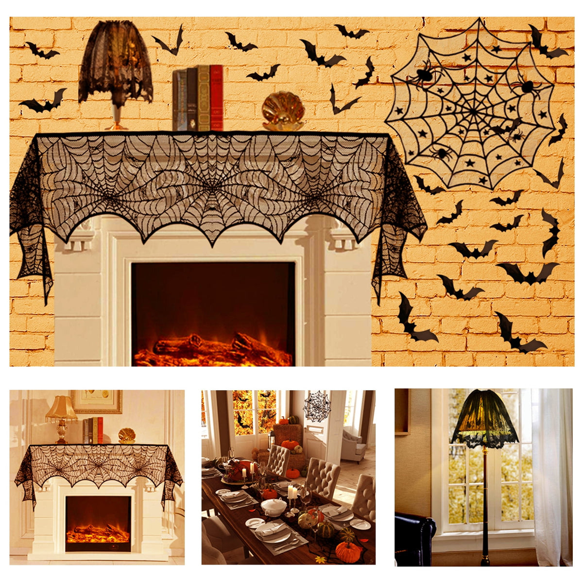 Coolmade Halloween Decorations Set for Home, Table Runner, Tablecloth, Fireplace Mantel Scarf, Lampshade, 3D Scary Bats for Party Decor