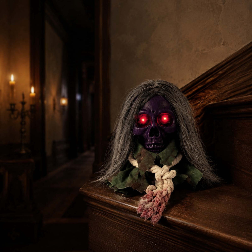 Moving Long Hair Hanging Skull Head Prop, Creepy Animated Halloween Skeleton Decor, Spooky Ornament for House, Party, Indoor Outdoor (Batteries Not Included)