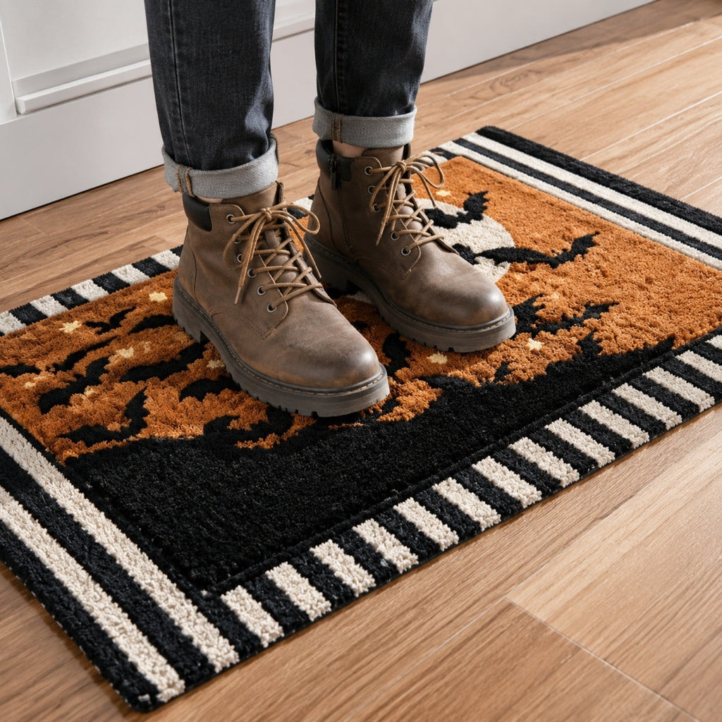 Halloween Welcome Doormat, Striped Border Bat Pattern Floor Rug, Soft Absorbent Non-Slip Carpet for Indoor Outdoor Front Door
