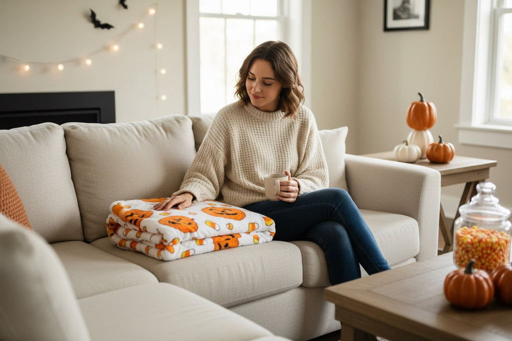 Serafina Home Halloween Throw Blanket: Fuzzy Boo! Jack O'Lantern Spider Webs Skull and Black Cats Print on Velvet Fleece for Sofa Bed Couch Chair Dorm