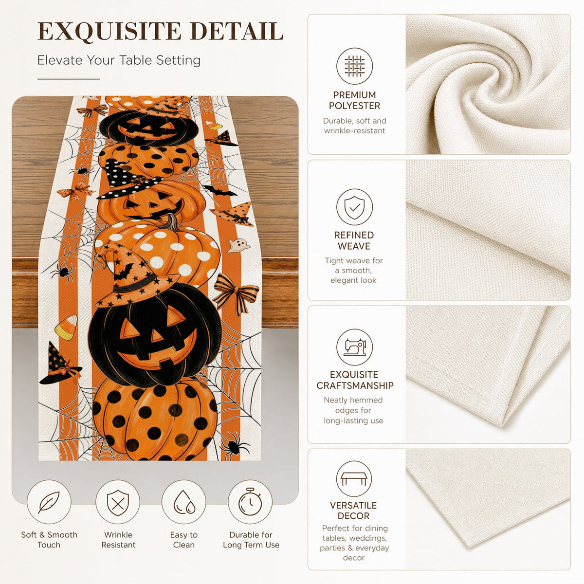 Sm:)e Halloween Table Runner Ghost Pumpkin 13x72 Inch, Halloween Party Kitchen Dining Indoor Outdoor Decorations,Orange
