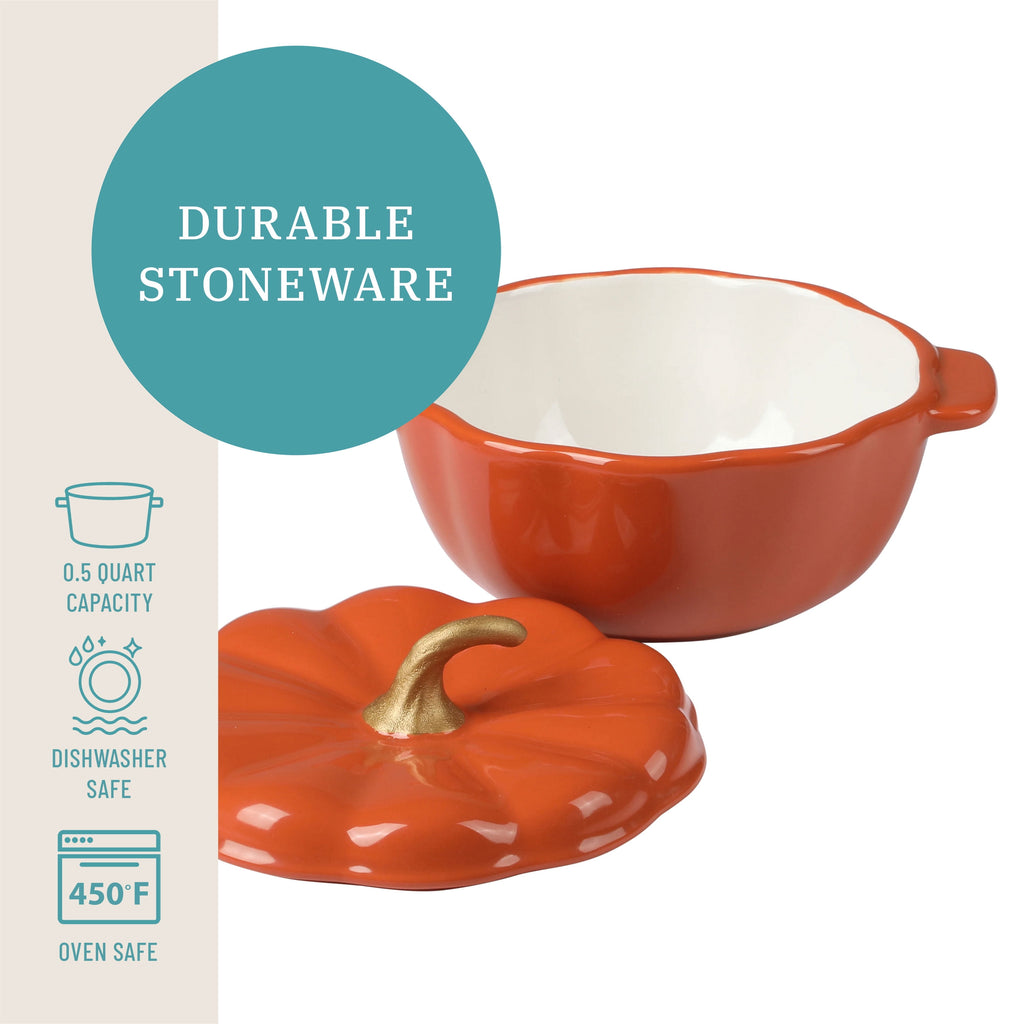 The Pioneer Woman 0.5 Qt Pumpkin Stoneware Mini Cocottes Set with Side Handles, Linen Finish, Set of 3
