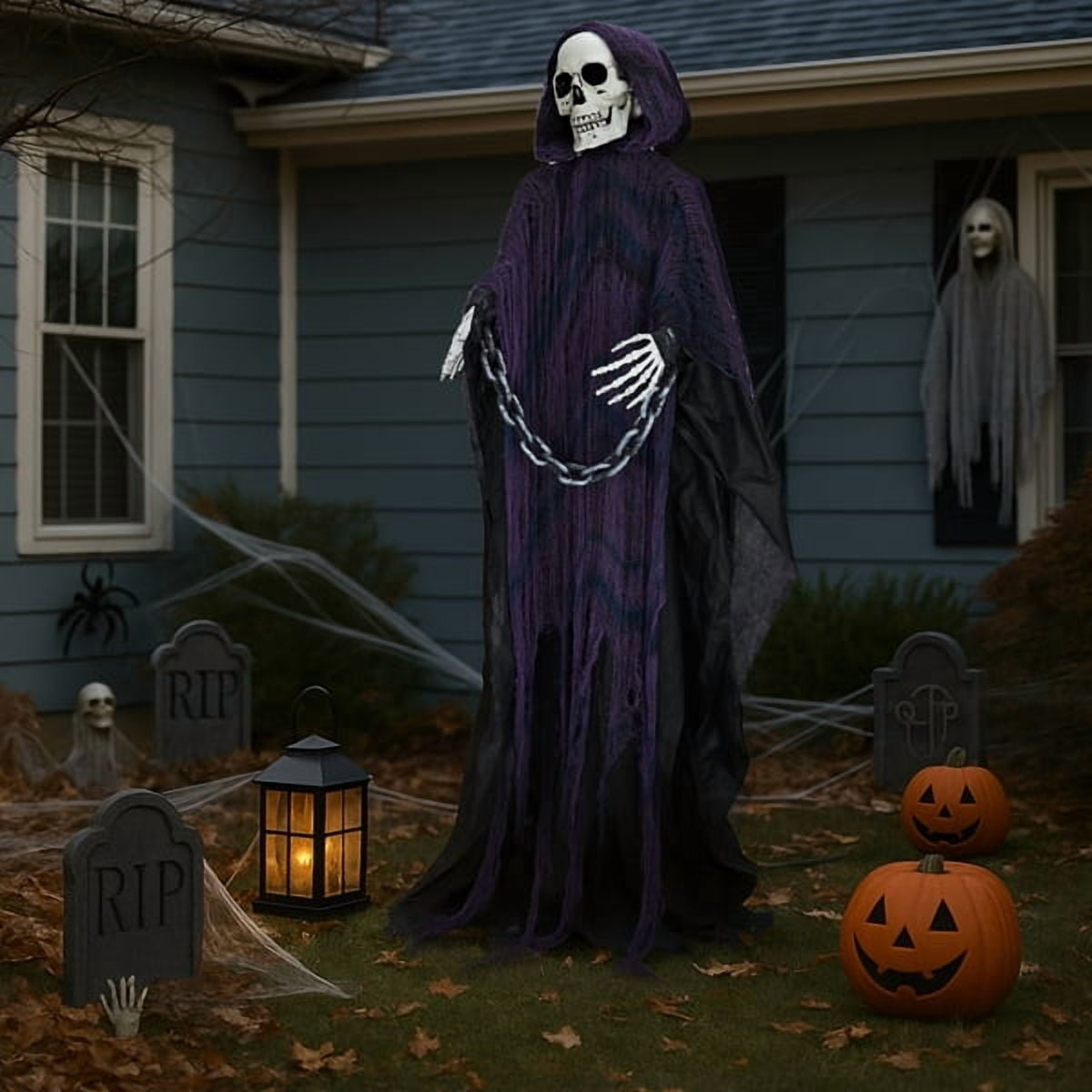 Alvantor Halloween Animated Decorations - 6 FT Sound-Activated Animatronic Grim Reaper with Chain, Moving Head and Hands, Red LED Eyes