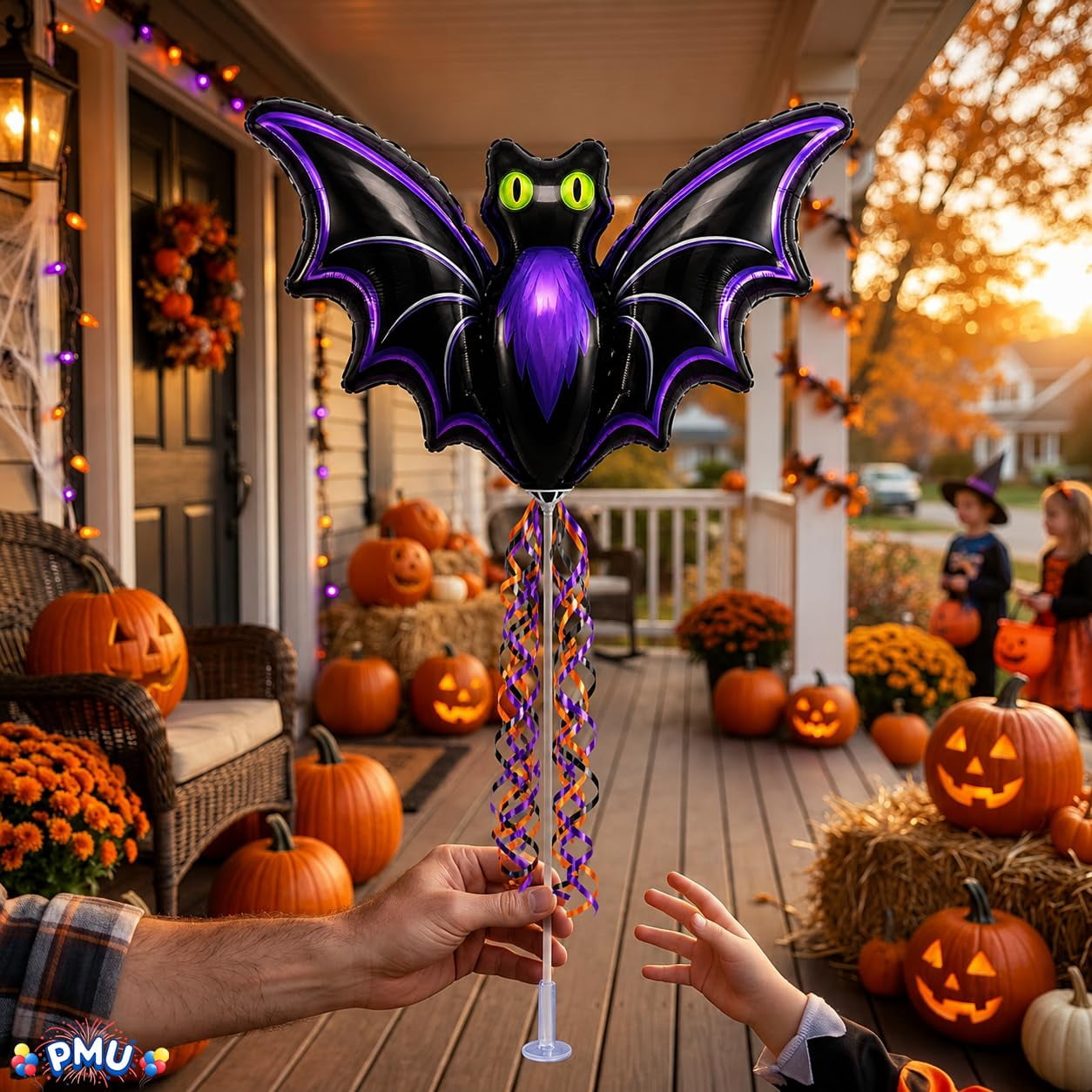 PMU Halloween Pre-Inflated Balloons "Whimsical Pumpkin" 9 Inch Air-Filled Pre-inflated with a Cup and a Stick (1/Pkg) Pkg/1