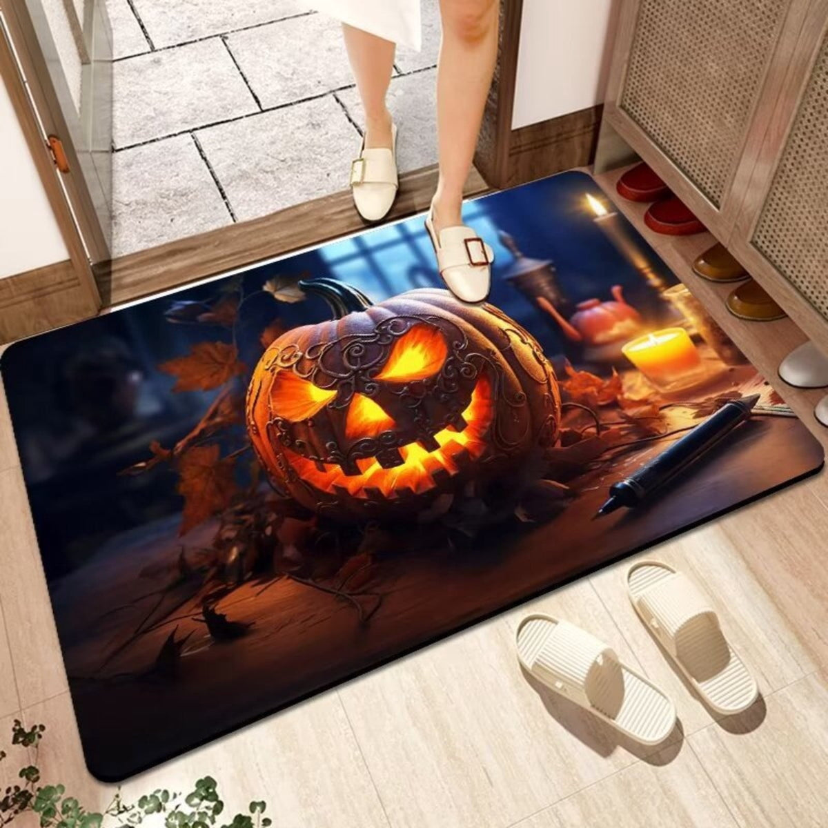 Halloween Themed Doormat Entryway Rug, Spooky Pumpkin Front Door Mat for Trick or Treaters, Non Slip Washable Mat for Indoor and Outdoor, Festive Halloween Floor Decoration for Home