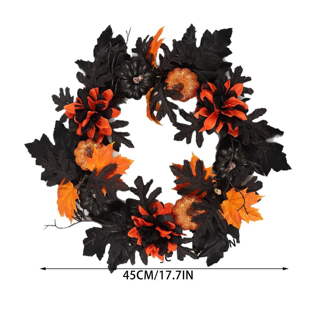 18 Inch Black Orange Pumpkin Peony Halloween Wreath, Artificial Maple Leaf Front Door Wreath, Weatherproof Fall Harvest Ornament for Indoor Outdoor Halloween Decorations Thanksgiving Porch Wall Decor
