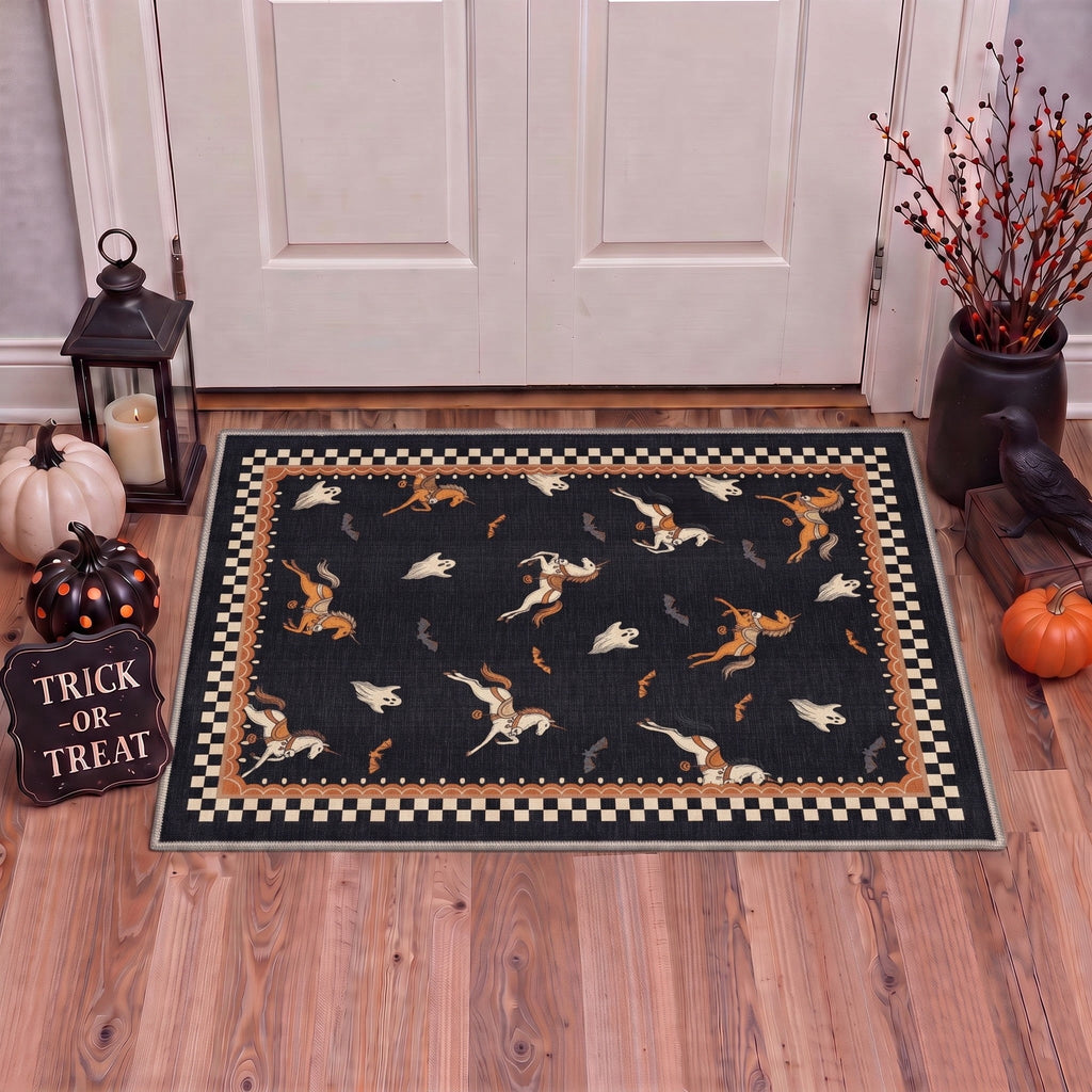 GENIMO 2'x3' Halloween Doormat, Washable Non Slip Soft Whimsical Cat Outdoor Door Mat for Front Door Covered Porch Patio Entryway, Rustic Black