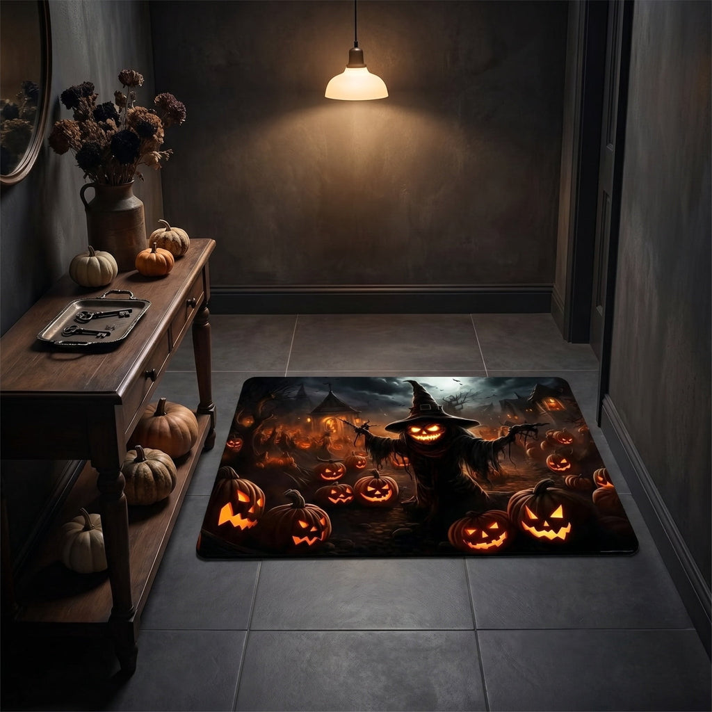 Halloween Themed Doormat Entryway Rug, Spooky Pumpkin Front Door Mat for Trick or Treaters, Non Slip Washable Mat for Indoor and Outdoor, Festive Halloween Floor Decoration for Home