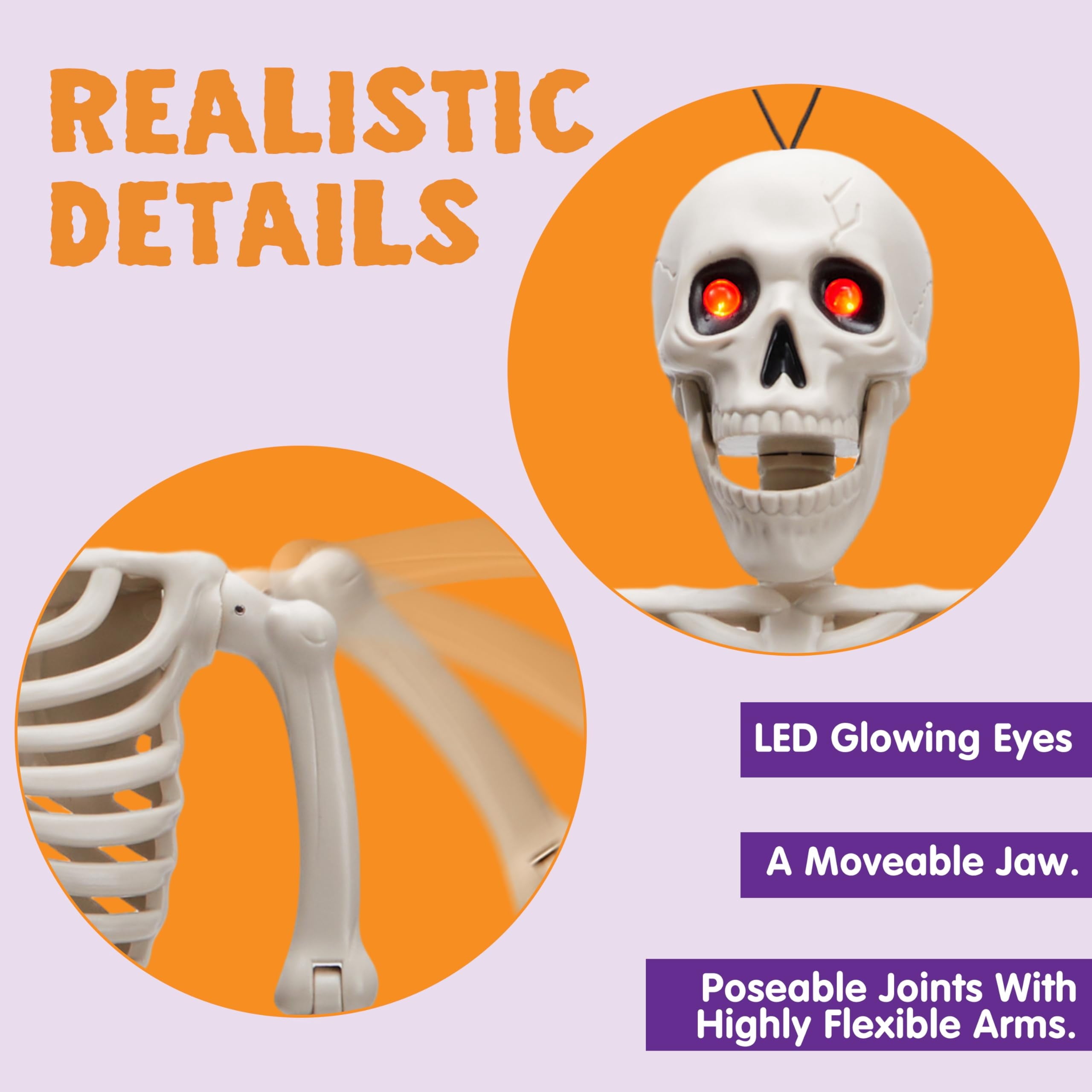 Joyfy 24 Inch Halloween Skeleton Decor with LED Light Eyes,Posable Skeleton Halloween Prop Full Body with Movable Joints for Haunted House Indoor Outdoor Decoration Spooky Decor