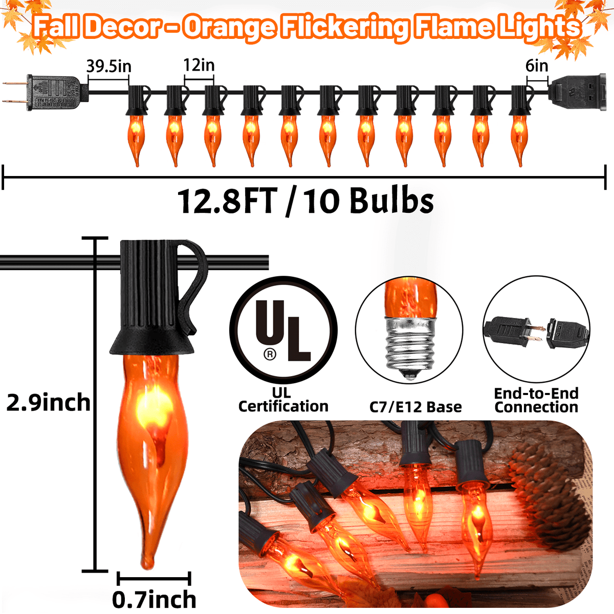 12.8Ft Christmas Lights Flickering Flame String Lights with 12 Pack Clear C7 Flame Light Bulbs（2 Spare）, Great for Indoor Outdoor Home Patio Party Christmas Decorations Lights, 1W, E12 Base