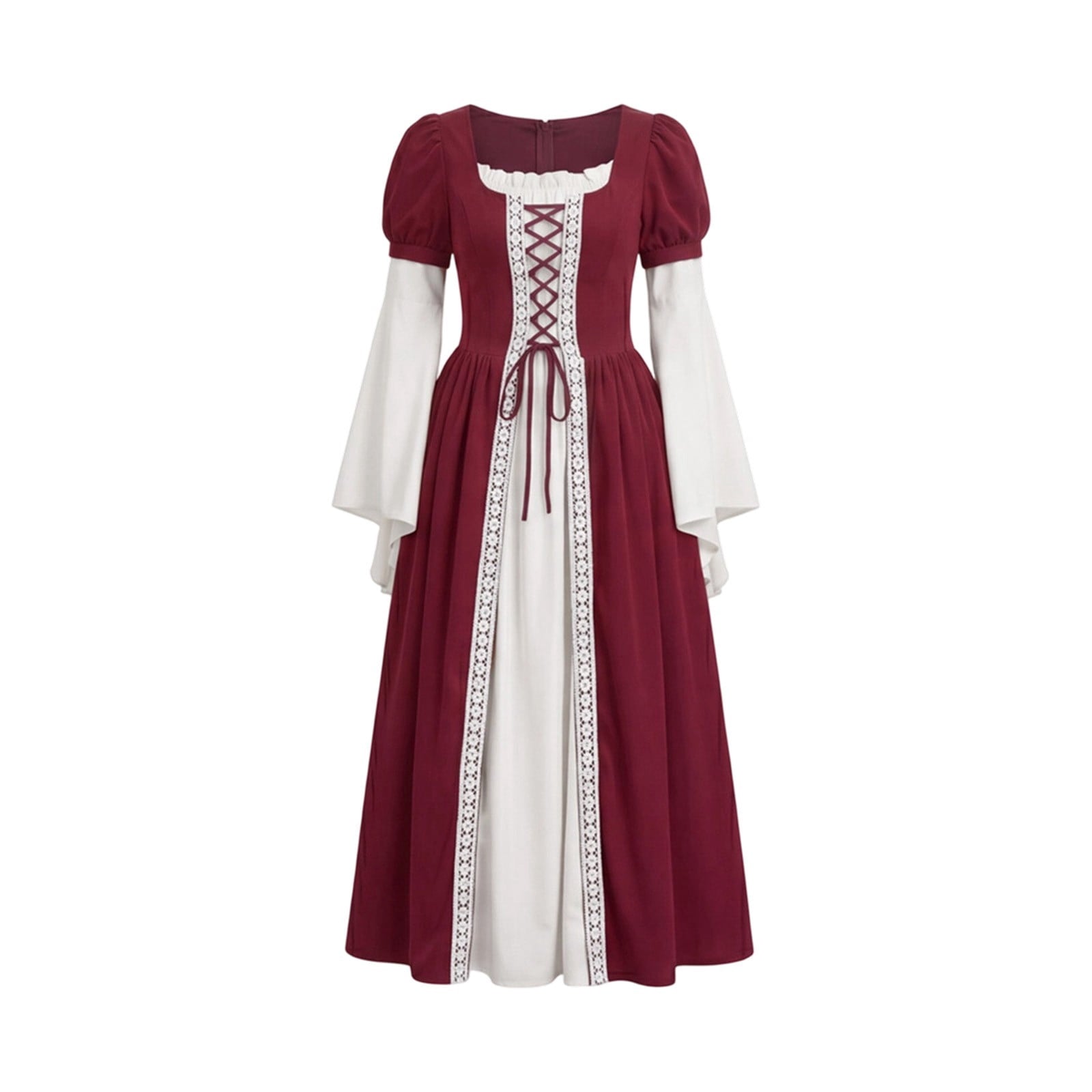 Hurxie Renaissance Costume Women Peasant Medieval Dress Maxi Fairy Dresses with Bell Sleeve Vintage Ren Faire Outfit