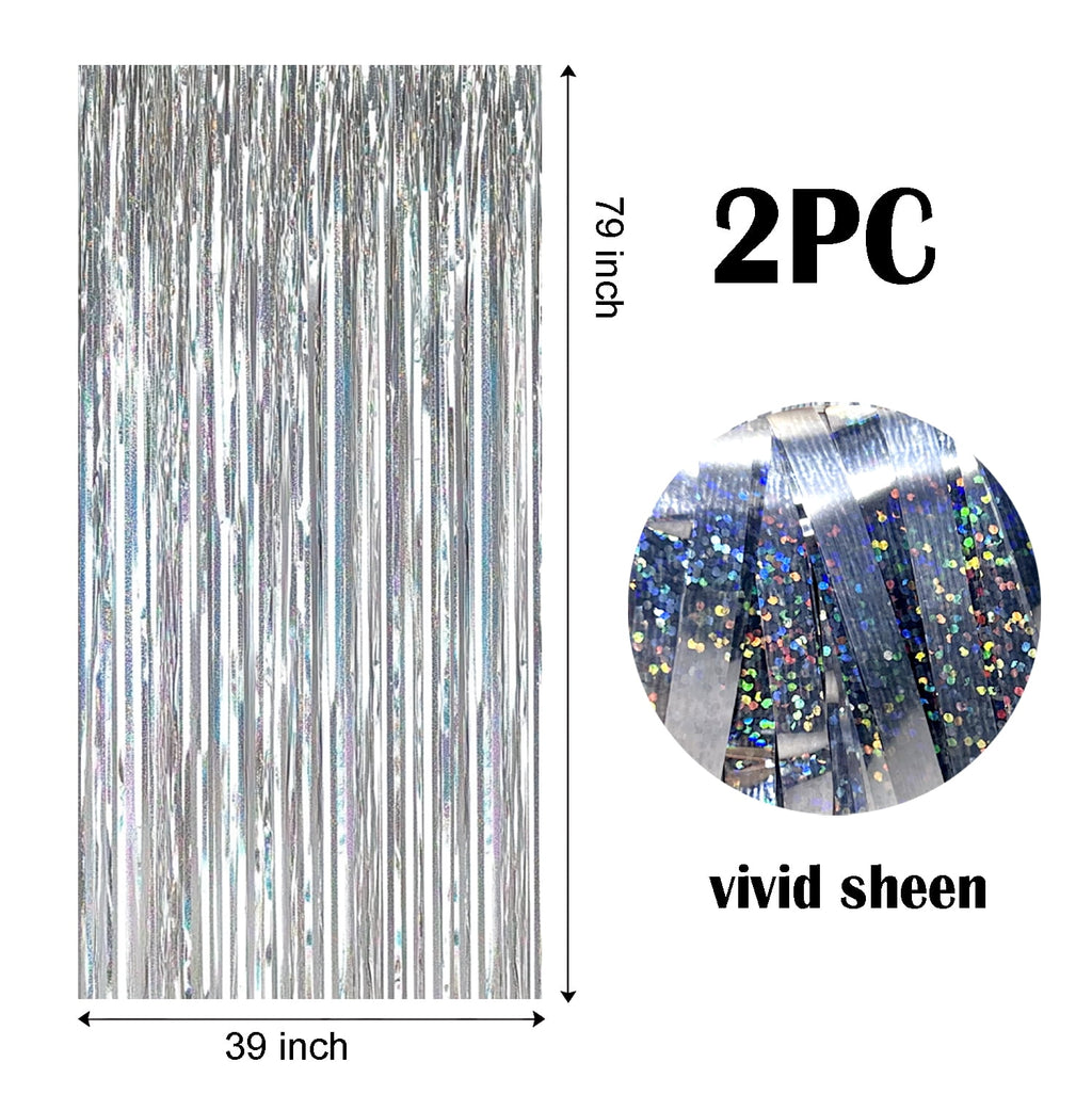 Sm:)e 2-Pack Light Bright Silver Foil Fringe Curtains for Events - Birthday, Wedding, Graduation, Christmas, Baby Shower, various festivals Decor Photo Booth Fun!
