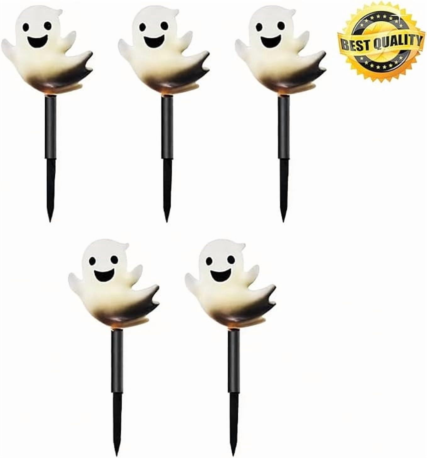 Btomtd 5pcs Solar Halloween Ground Lights Outdoor Insertion Lamp with Pumpkin Ghost and Skull Decor Solar Powered LED Light for Courtyard Pathway Lighting, White