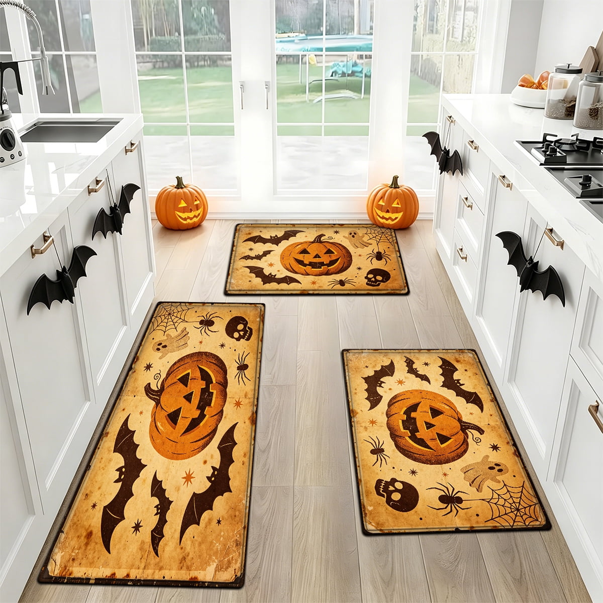 YIMEIS Halloween Neon Pumpkin Lanterns 3Pcs Flannel Mat & Kitchen Rugs Set,Soft Non-slip,16''×24'' 20''×30'' 17''×47'' Inches,for Entryway Bathroom
