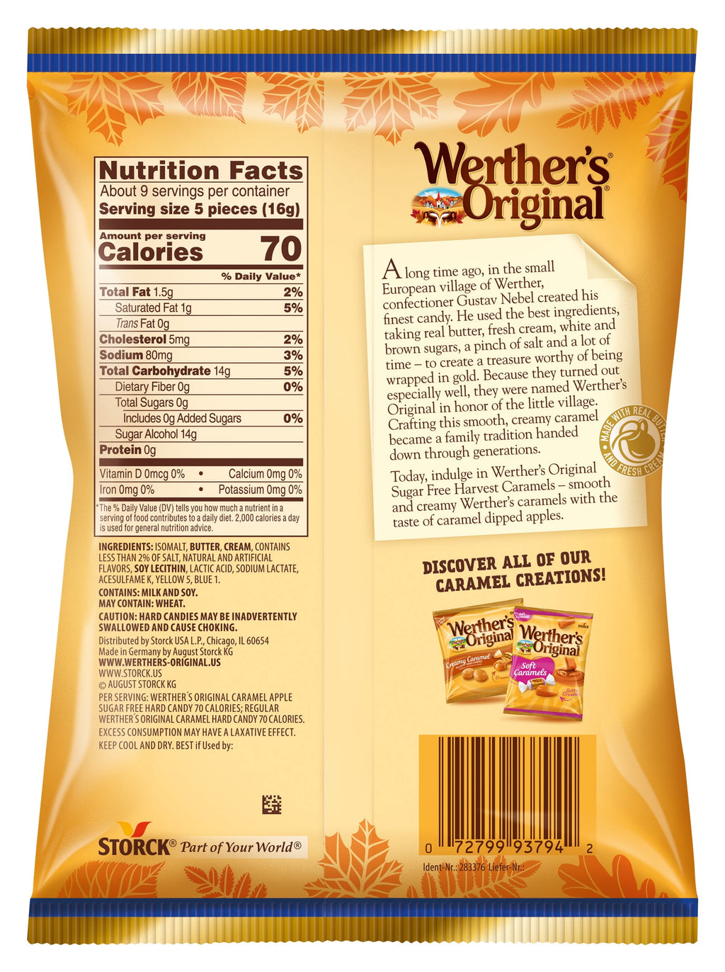 Werther's Original Sugar Free Caramel Apple Hard Candies, Limited Edition Fall Harvest, 5 oz Bag