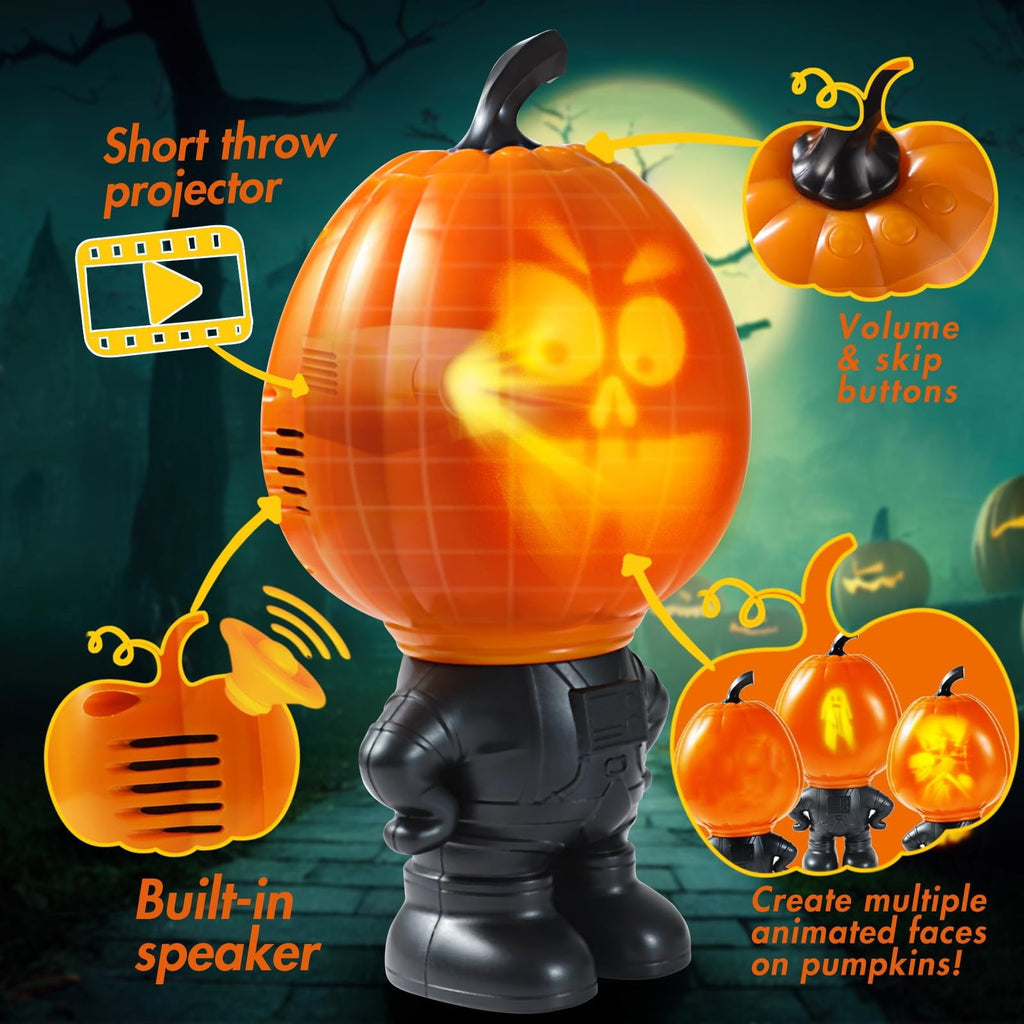 Animated Halloween Pumpkin Decor with Built-in Projector and Speaker, Singing Talking Light Up Figurine for Indoor Home Tabletop and Party Decorations, Spooky Props
