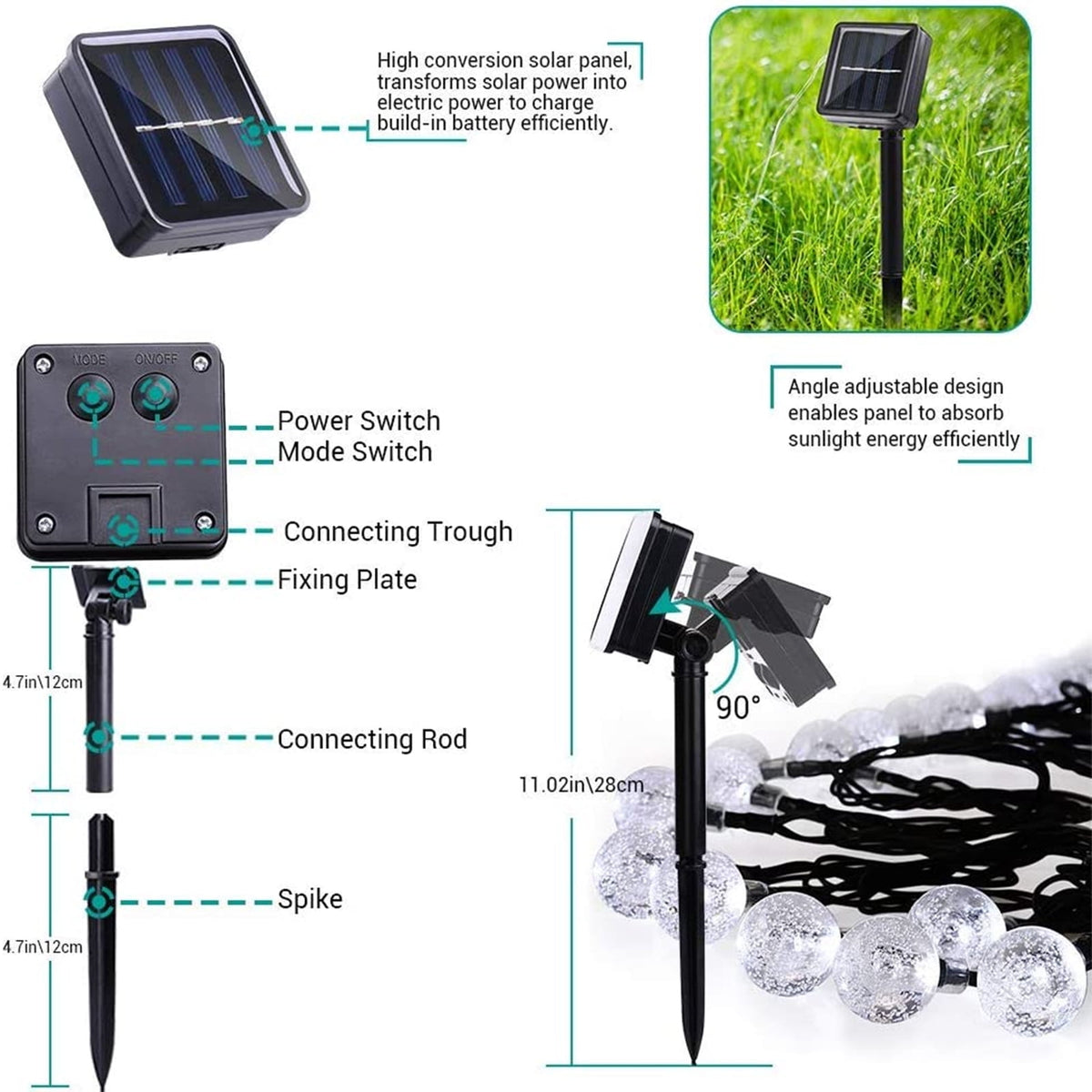 Toodour Solar String Lights Outdoor, 35.6ft 60 LED Waterproof Solar Powered Globe Patio Lights with 8 Modes for Garden Home Gazebo Yard Decorations (Warm White)