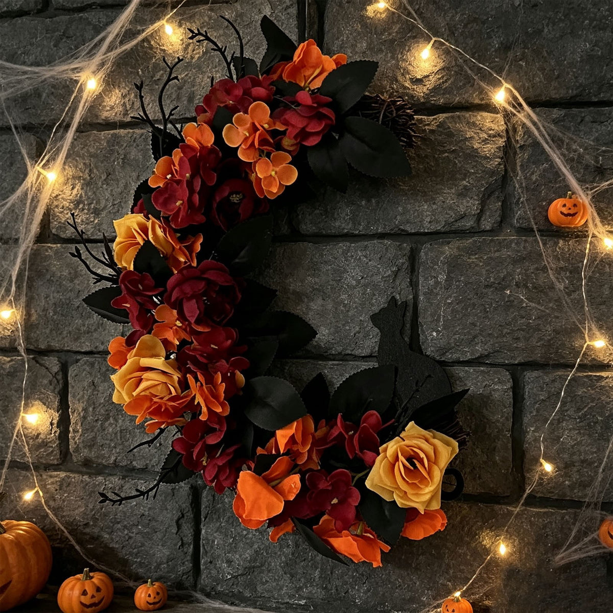 Gcvizuso Halloween Crescent Floral Wreath, Orange Red Rose Hydrangea Fall Front Door Decor for Autumn Harvest Celebration
