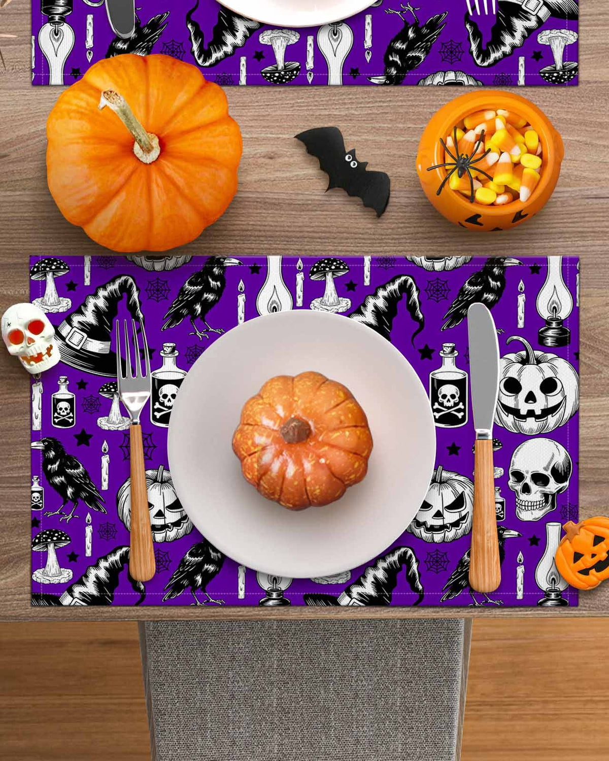 Halloween Placemats Set of 4 Crow Skull Pumpkin Place Mats Fall Placemat Cobwebs Potion Candle Hat Purple Table Mats for Dining Kitchen Table Holiday Dinner Party Home Decorations 13x19 Inch