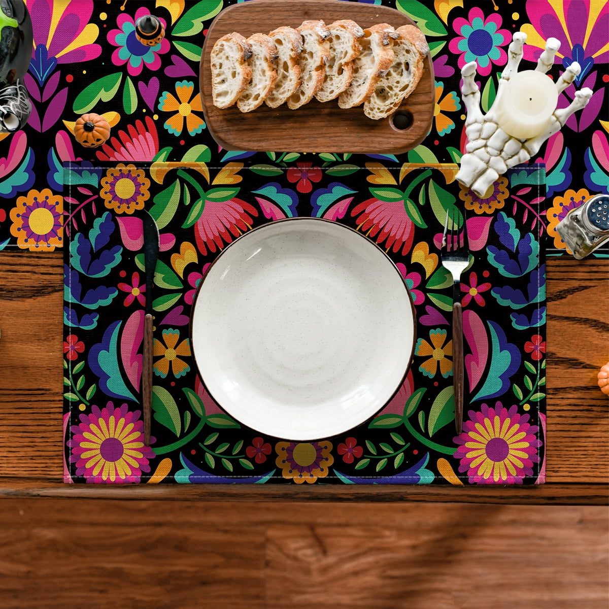 Sm:)e 13"x72" Black Floral Dia De Los Muertos Serape Table Runner, Polyester, Mexican Fiesta Design, Party Kitchen Dining Decoration