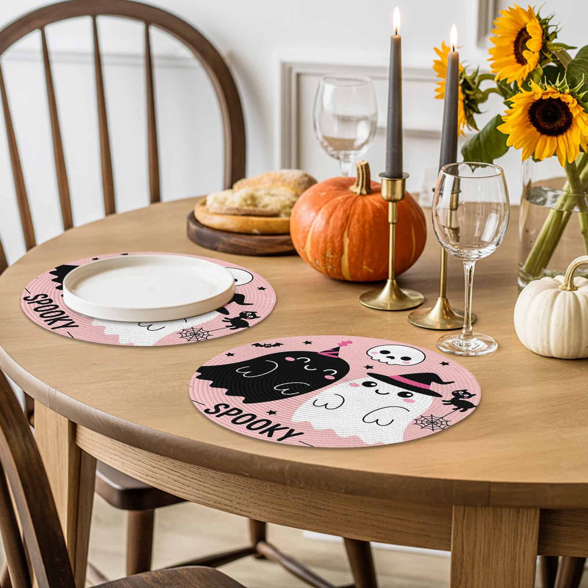 Halloween Round Placemats Set of 4 Cute Ghost Place Mats Washable Woven Placemat Spooky Skull Bat Cat Pumpkin Pink Circle Braided Table Mat for Kitchen Dining Table Holiday Party Home Decor 15 Inch