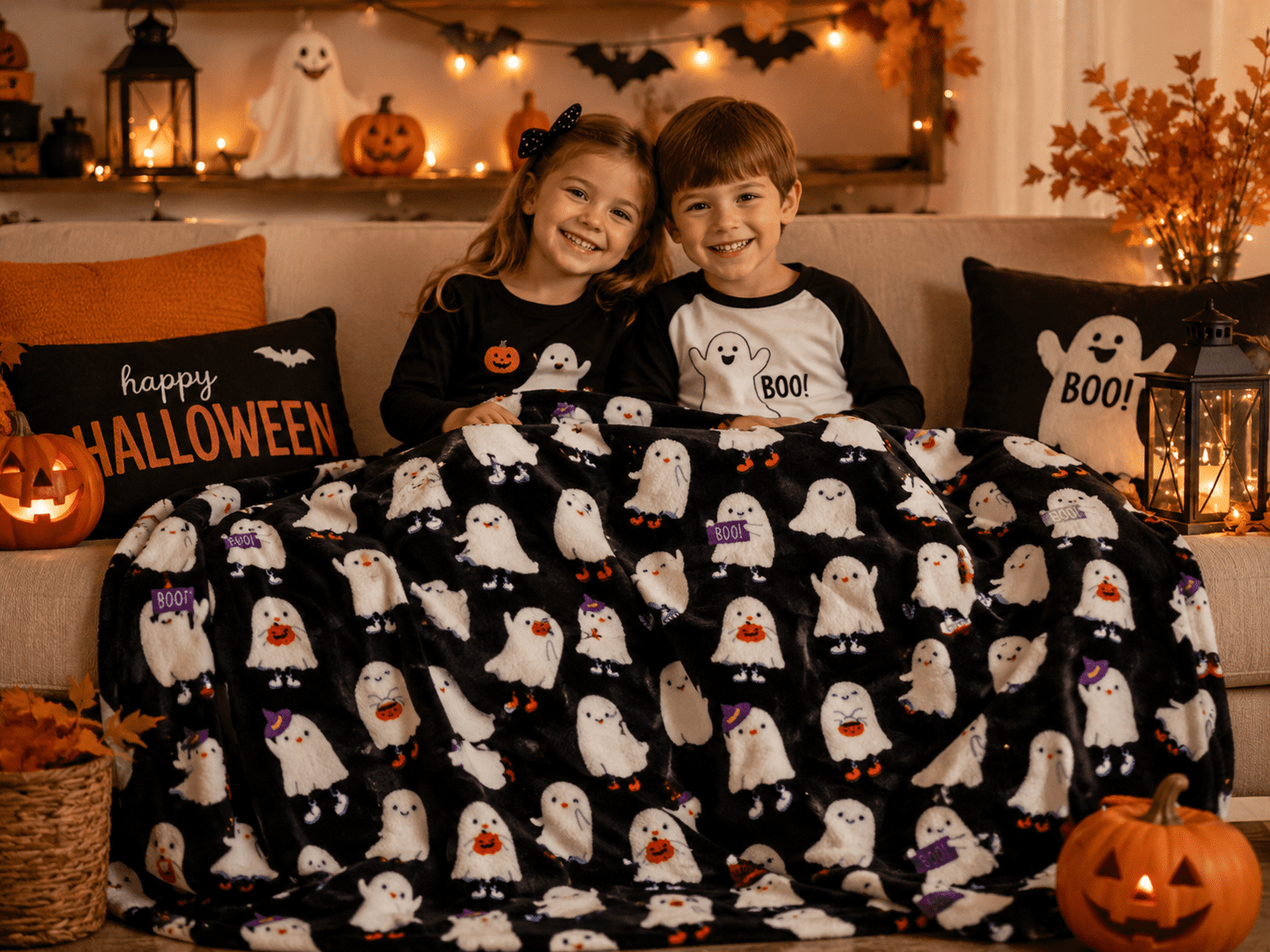 Serafina Home Halloween Throw Blanket: Fuzzy Boo! Jack O'Lantern Spider Webs Skull and Black Cats Print on Velvet Fleece for Sofa Bed Couch Chair Dorm