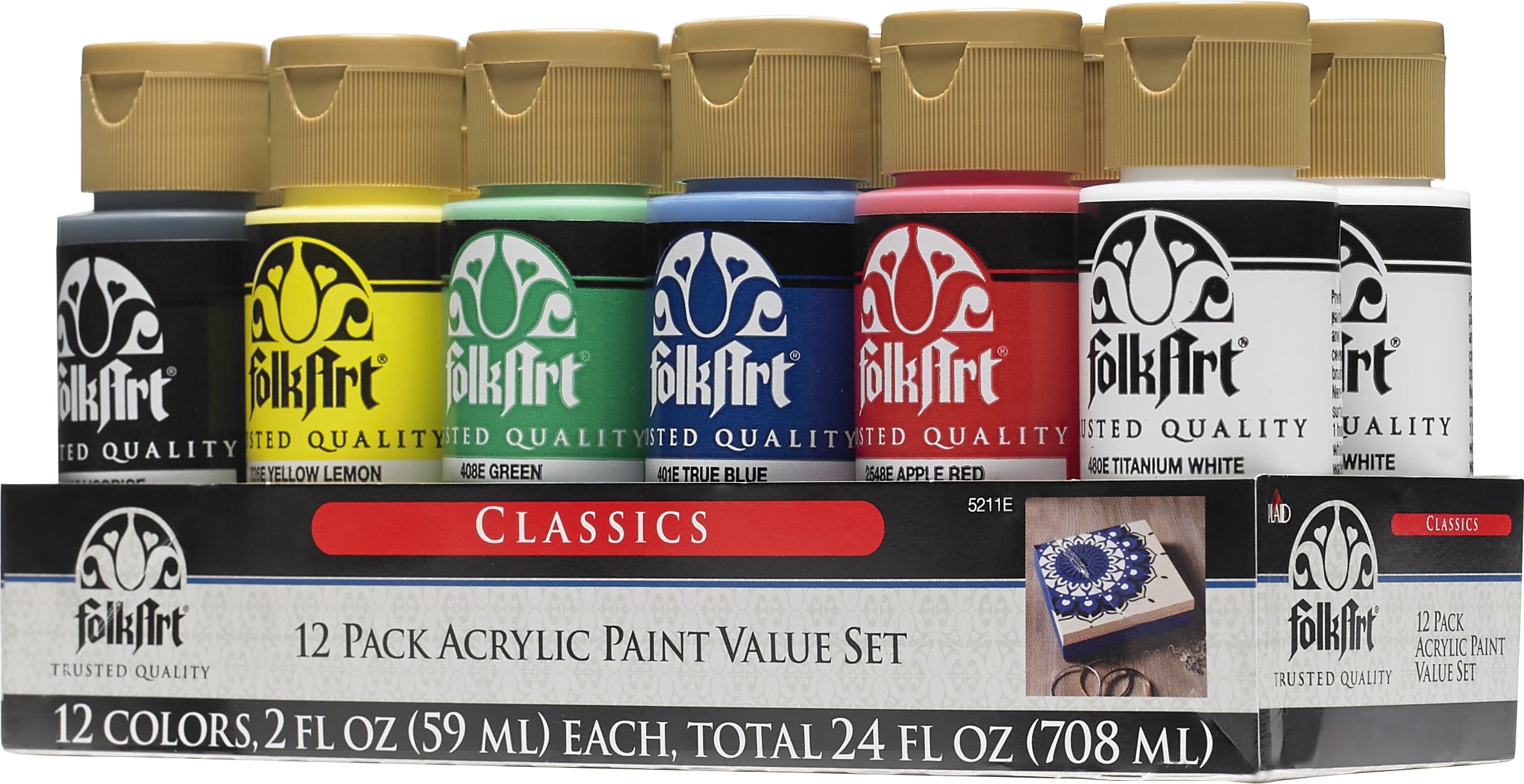 FolkArt 5211E Acrylic Craft Paint Set, Matte Finish, Classic, Set of 12, 24 fl oz