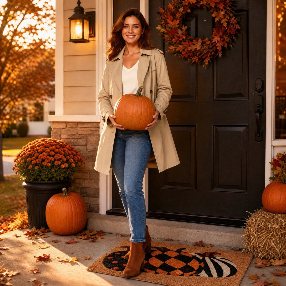 sruoe Fall Door Mat Absorbent Non-Slip Durable Halloween Decorations, Front Door Mat for Porch with Rubber Backing, Indoor Outdoor Entryway, Easy Clean Low-Profile Fade-Resistant.