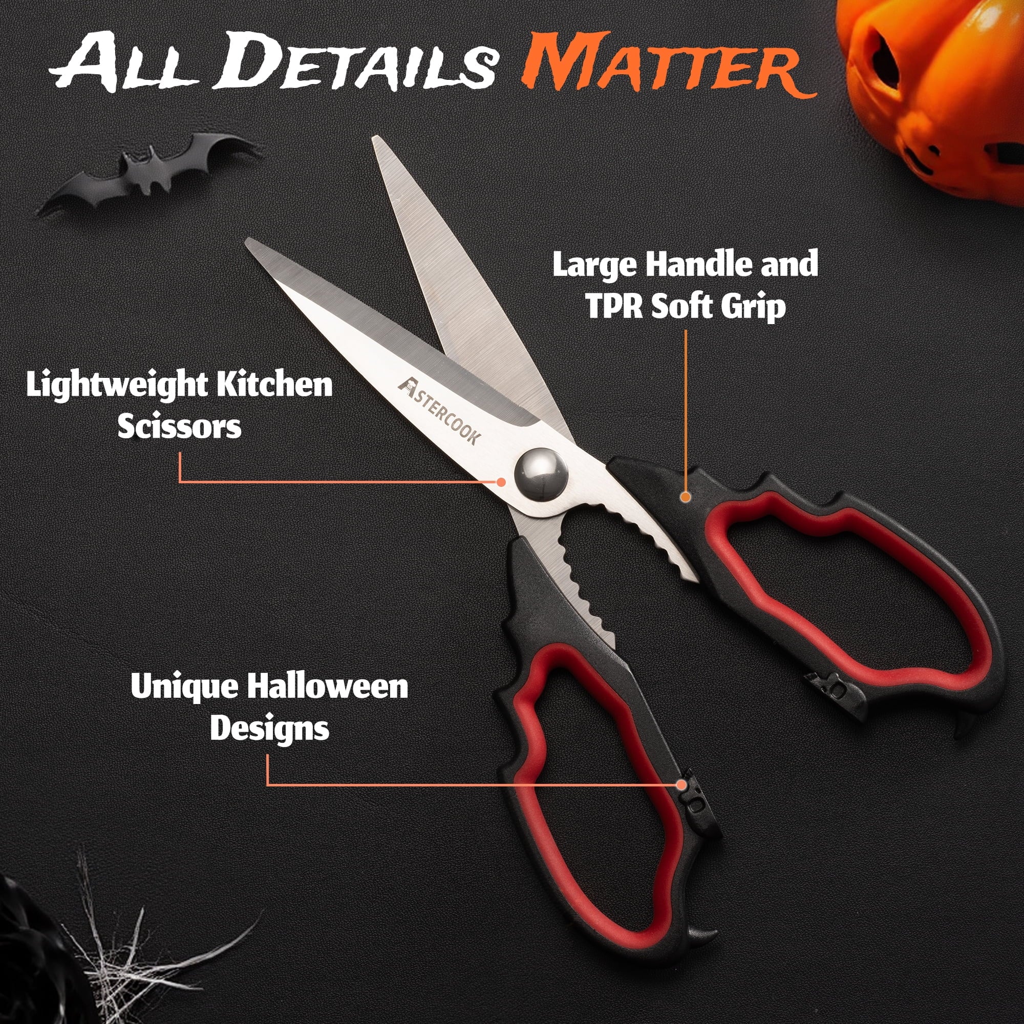 Astercook Halloween Kitchen Scissors, Gothic Skull Heavy Duty Shears for Cooking, Poultry, Herbs – Spooky Pumpkin Design, Dishwasher Safe, Perfect Gift for Halloween Party & Home Décor Red