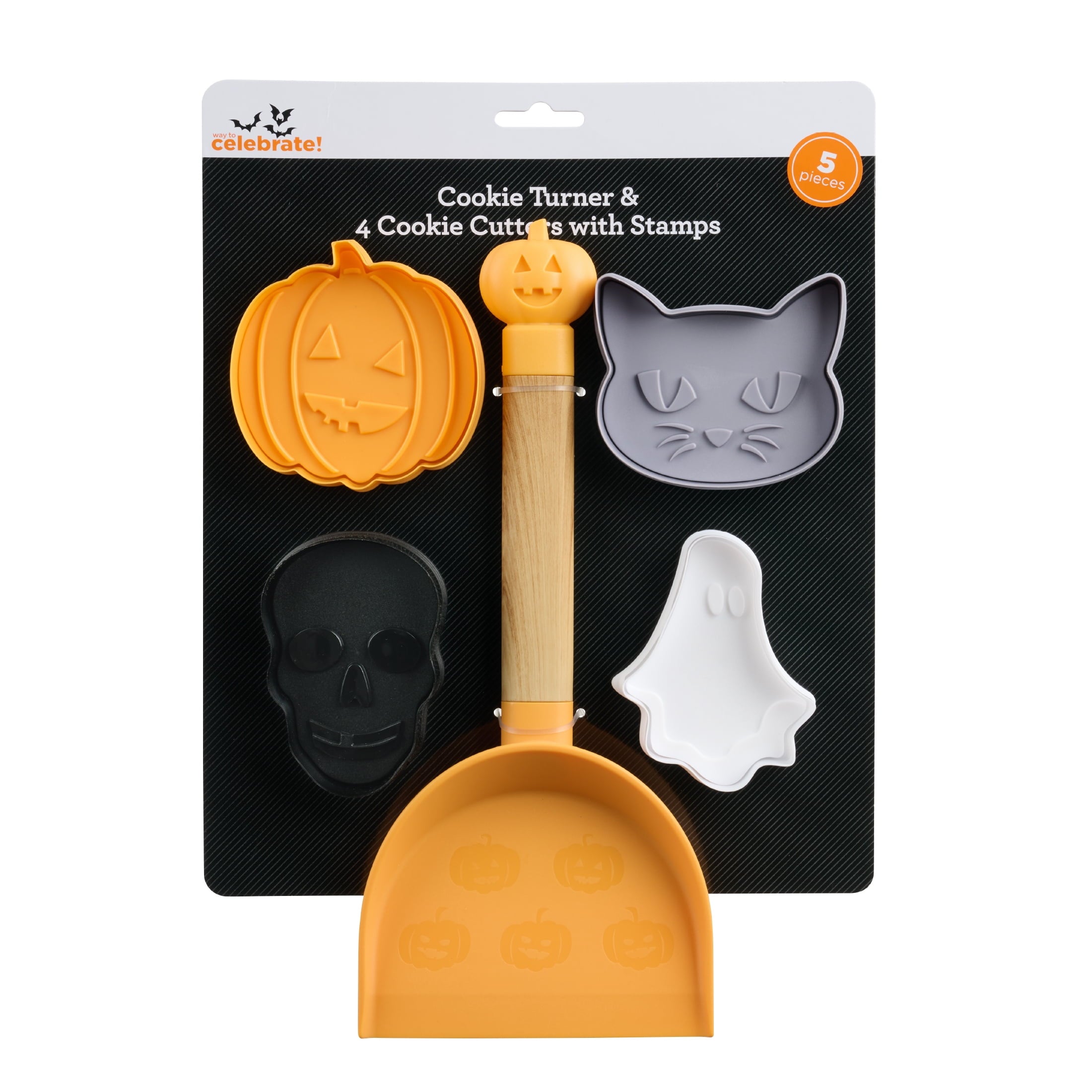 Way To Celebrate Cookie Turner with 4 Cookie Cutters with Stamps. Orange, Purple, Black and White