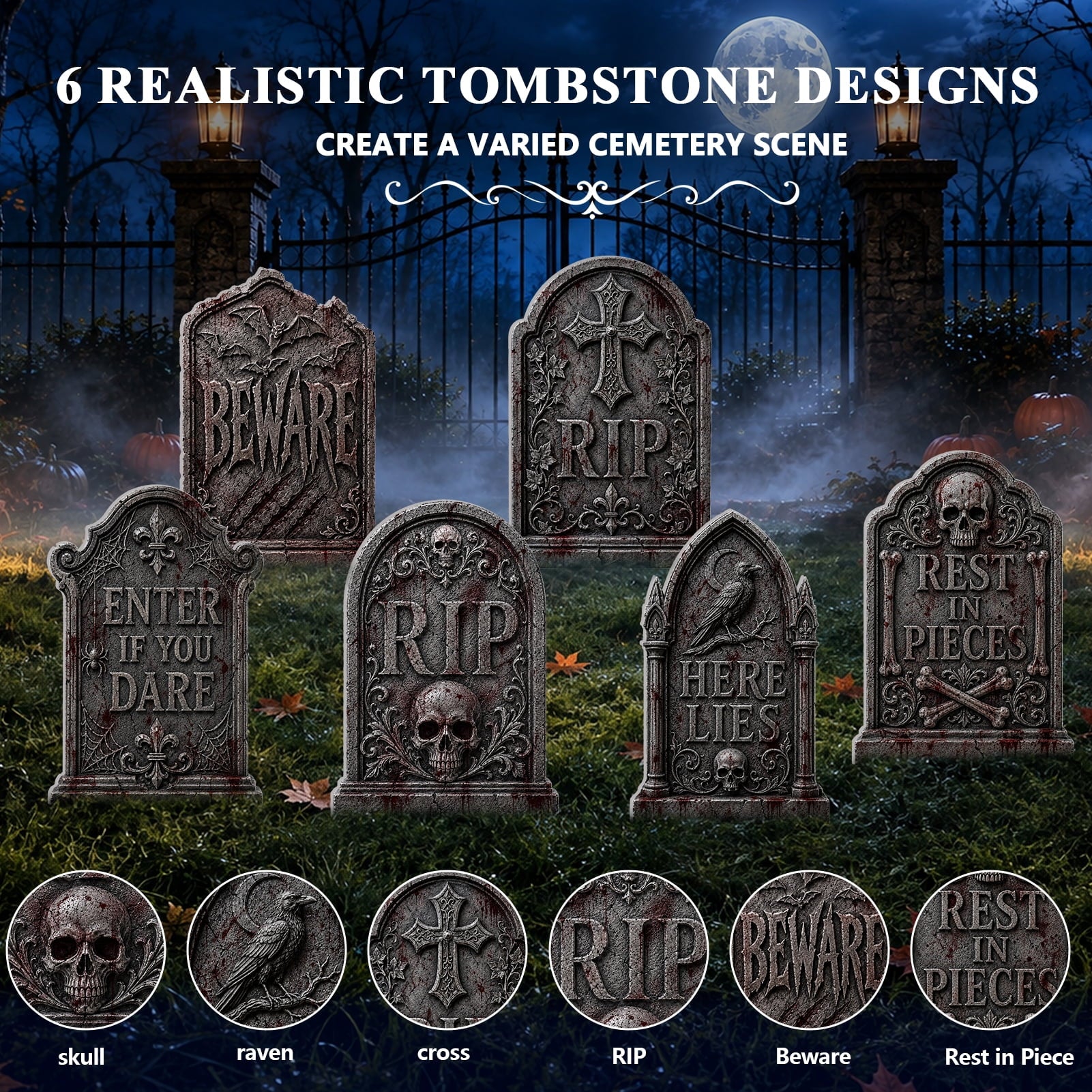 Yalumo Halloween Tombstone Decorations Outdoor, 6 PCS 17" Graveyard Tombstones with Stakes for Lawn Garden Cemetery Halloween Party Decor