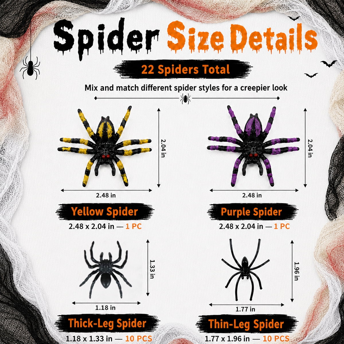 Halloween Creepy Cloth Halloween Gauz Scary Decoration with Bats Spiders Fabric Hanging Spooky Stuff for Indoor Outdoor Home Wall Haunted House Party Supplies 88Pcs Set 1