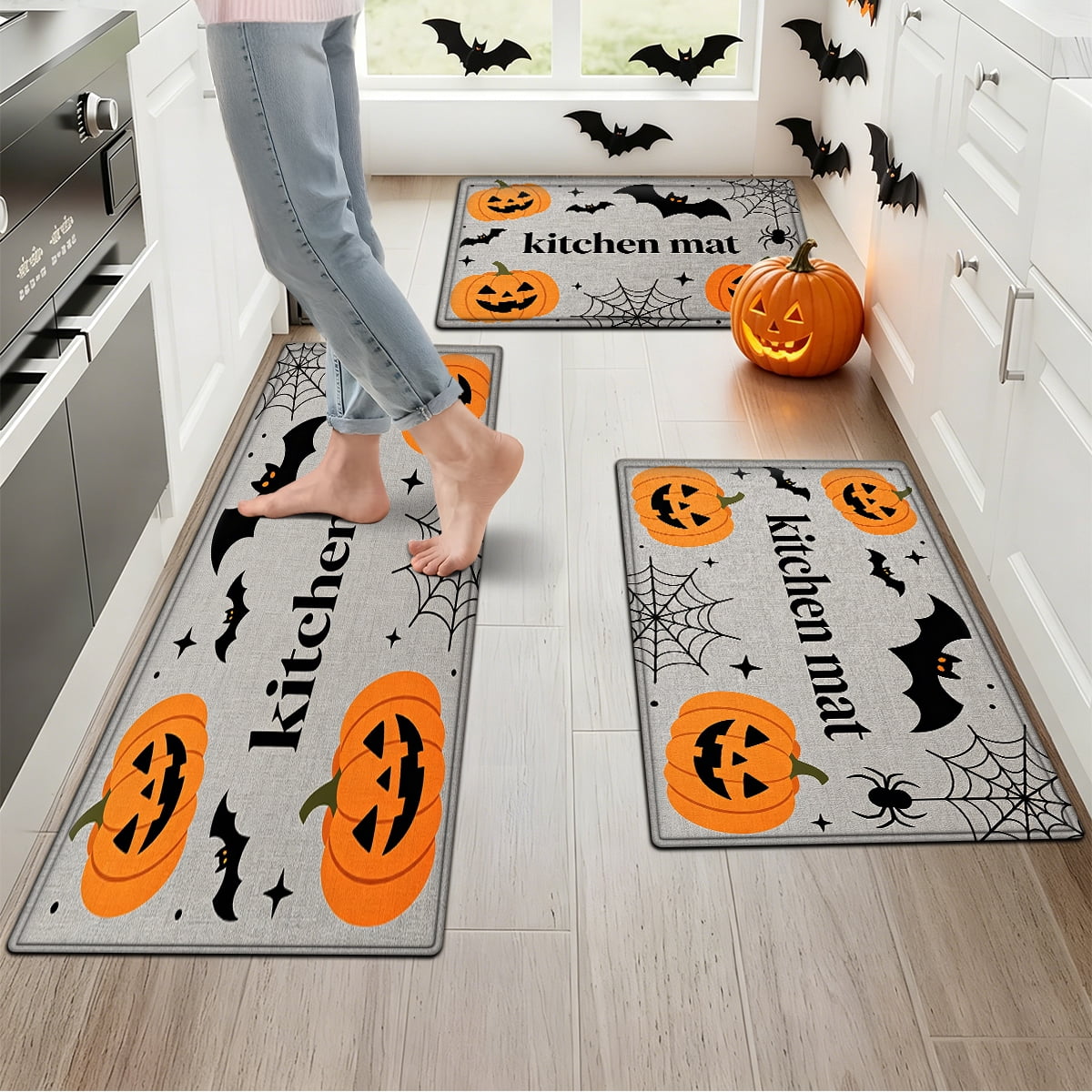 YIMEIS Halloween Pumpkin Lanterns 3Pcs Flannel Mat and Kitchen Rugs Set,Soft Non-slip,Perfect for Home Bathroom