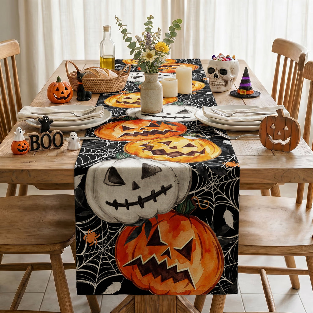 Smile Jack O Lantern Pumpkin Ghost Spider Halloween Table Runner 13 x 72 Inch