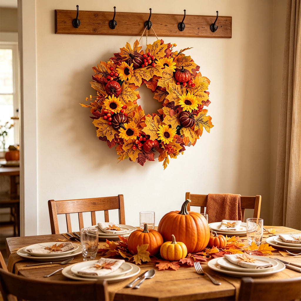 HOARBOEG Handmade Wrought Iron Maple Leaf Wreath, Thanksgiving Rudolph Fall Harvest Door Hanging, Orange Metal Autumn Wreath with Berries, Garden Wall Decor, 15.75 in