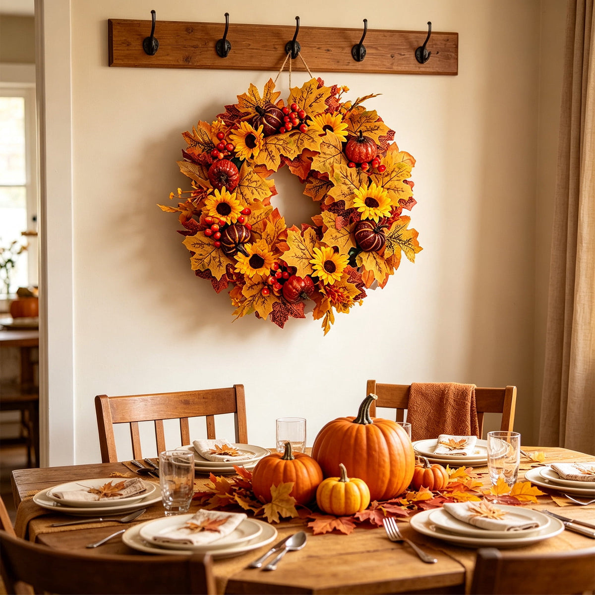 HOARBOEG Handmade Wrought Iron Maple Leaf Wreath, Thanksgiving Rudolph Fall Harvest Door Hanging, Orange Metal Autumn Wreath with Berries, Garden Wall Decor, 15.75 in