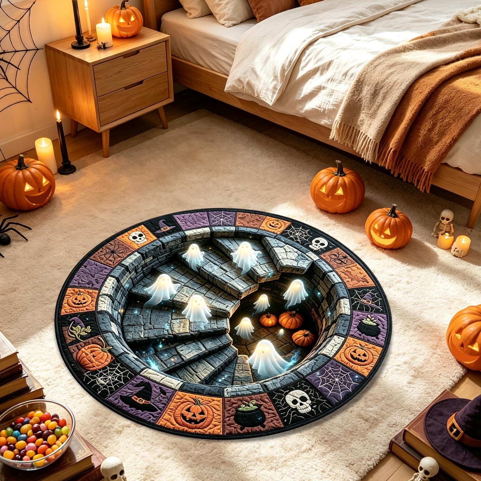 Halloween Wreath Shaped Rugs, Soft Indoor Mat for Entryway, Kitchen, Halloween Party, Pumpkin Witch Spooky Home Decor, 23.62x15.75 Inches
