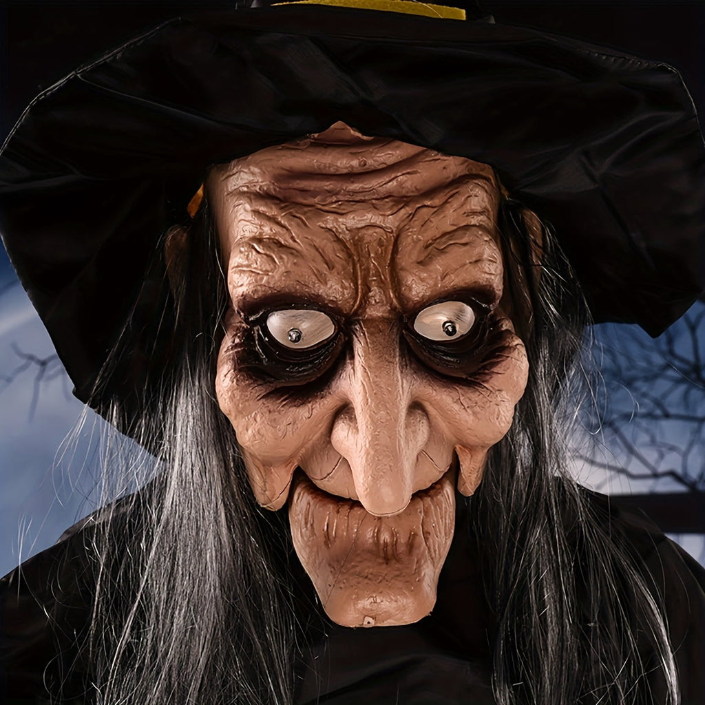 Halloween animated witch with sound and light effects (AAA batteries not included), perfect for haunted house decoration, voice-activated witch party horror hangings, Halloween escape props